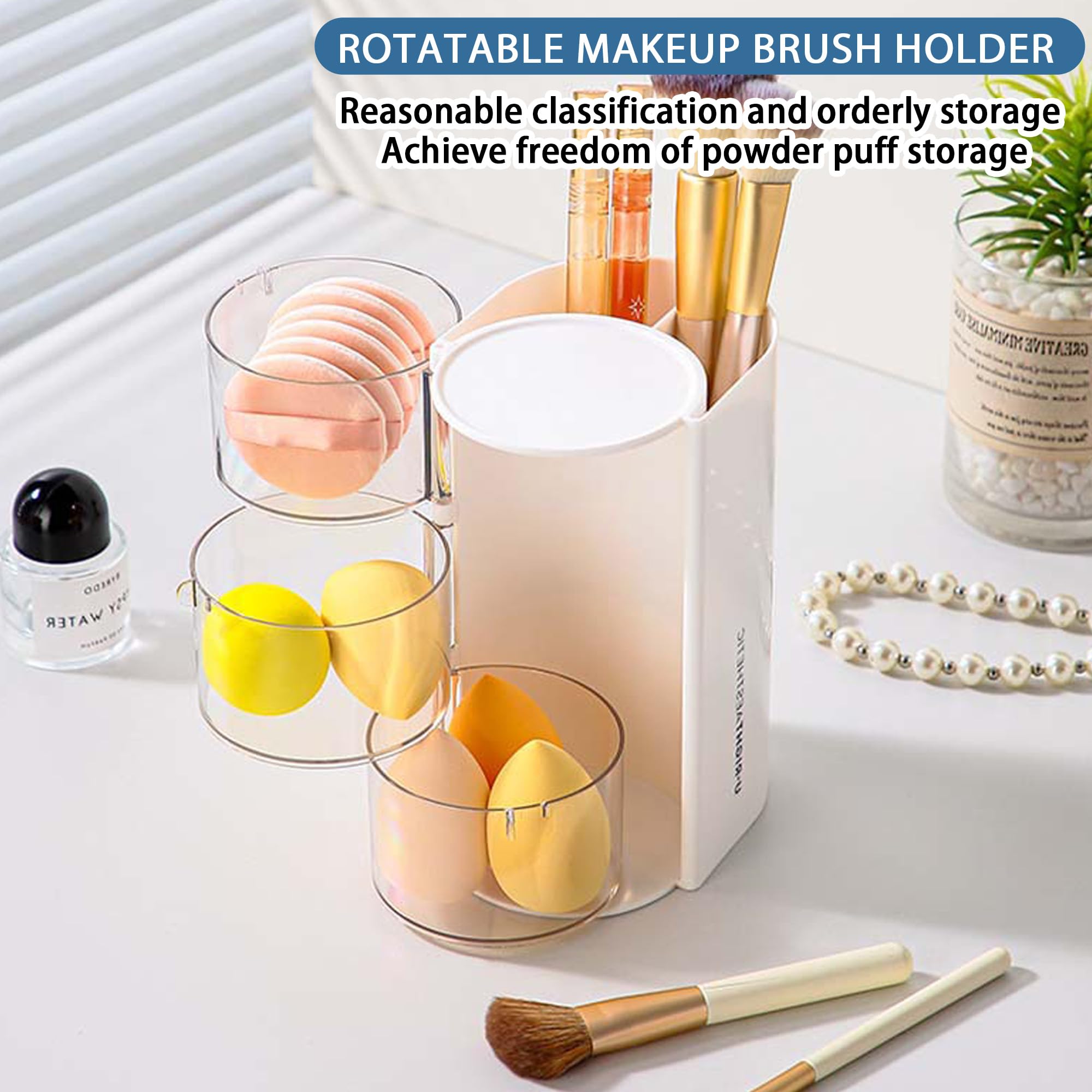 Azurphoric hair brush holder rotates for easy reach during routine makeup.