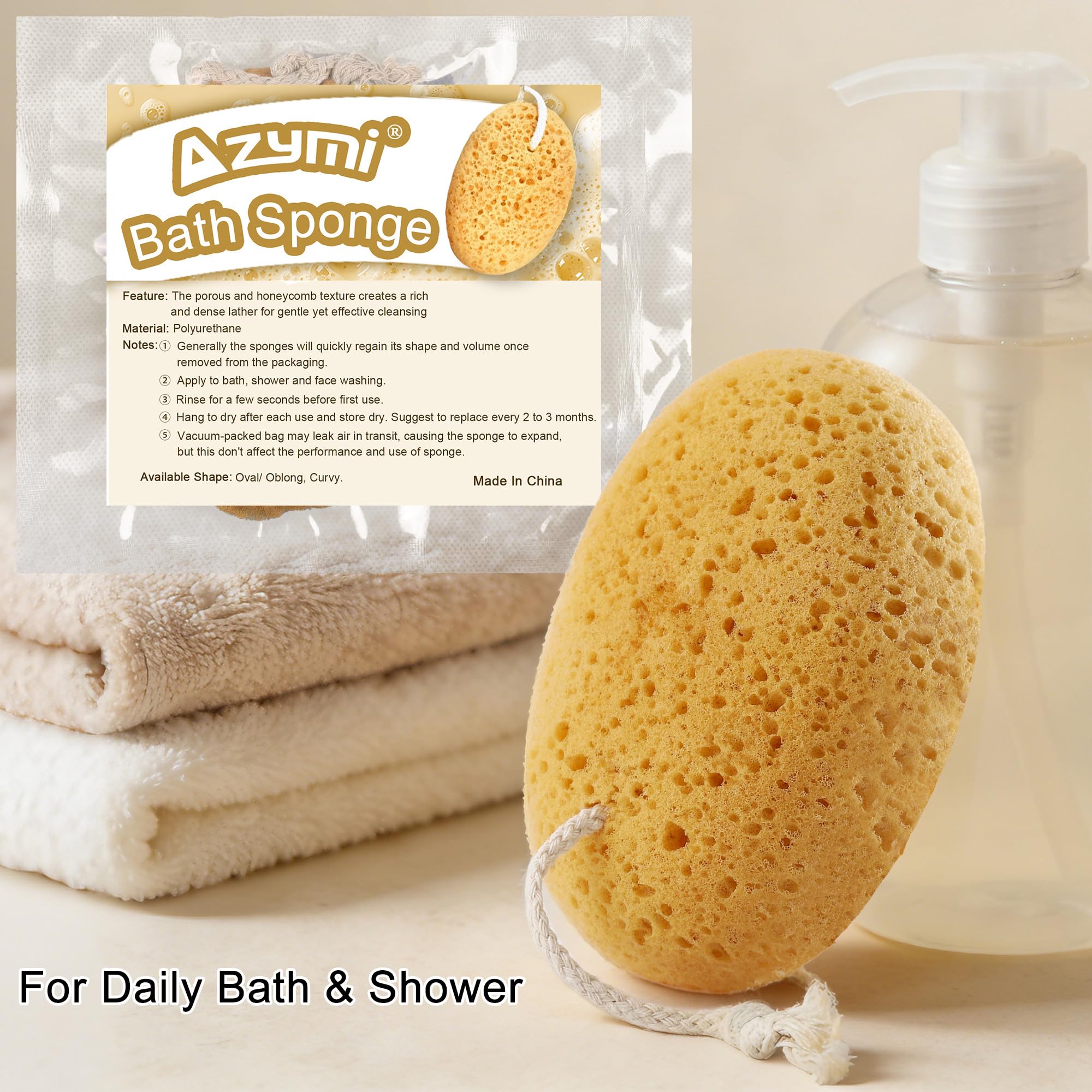 Azymi bath sponge vacuum-compressed packaging; soak to re-expand before use.