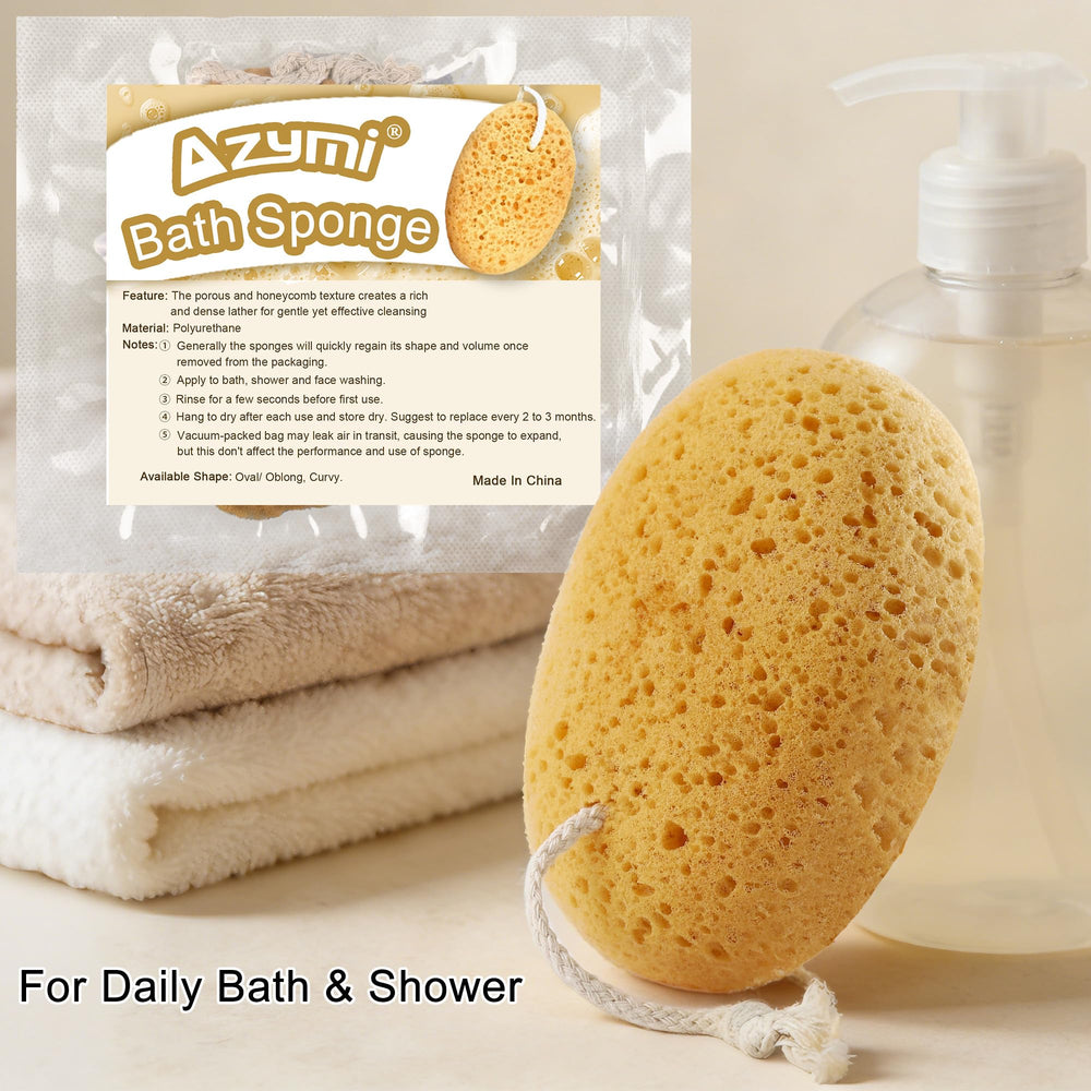 Azymi bath sponge vacuum-compressed packaging; soak to re-expand before use.