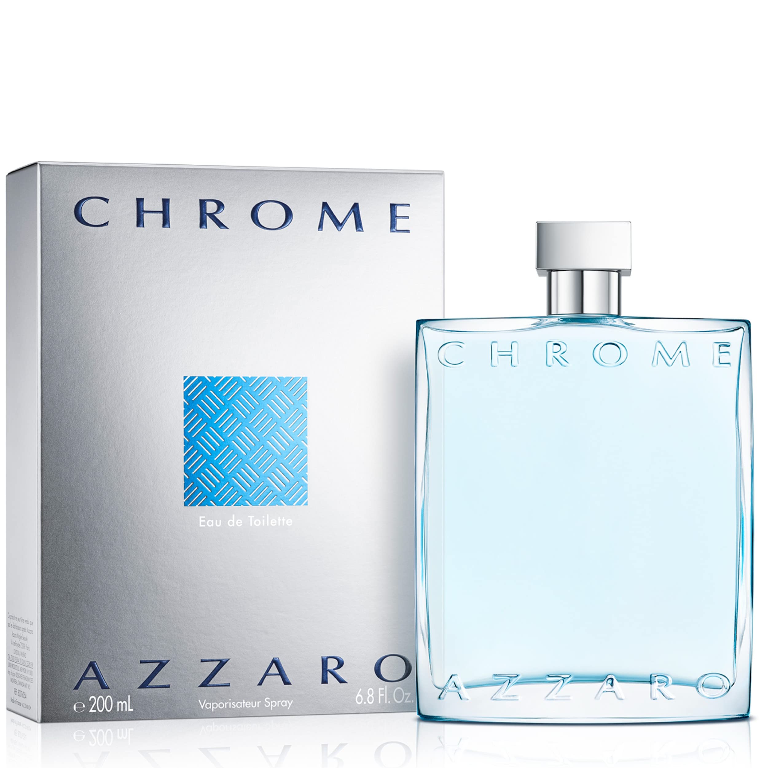 Azzaro Chrome bottle in azure blue conveys a fresh, aquatic mood for daily confidence.
