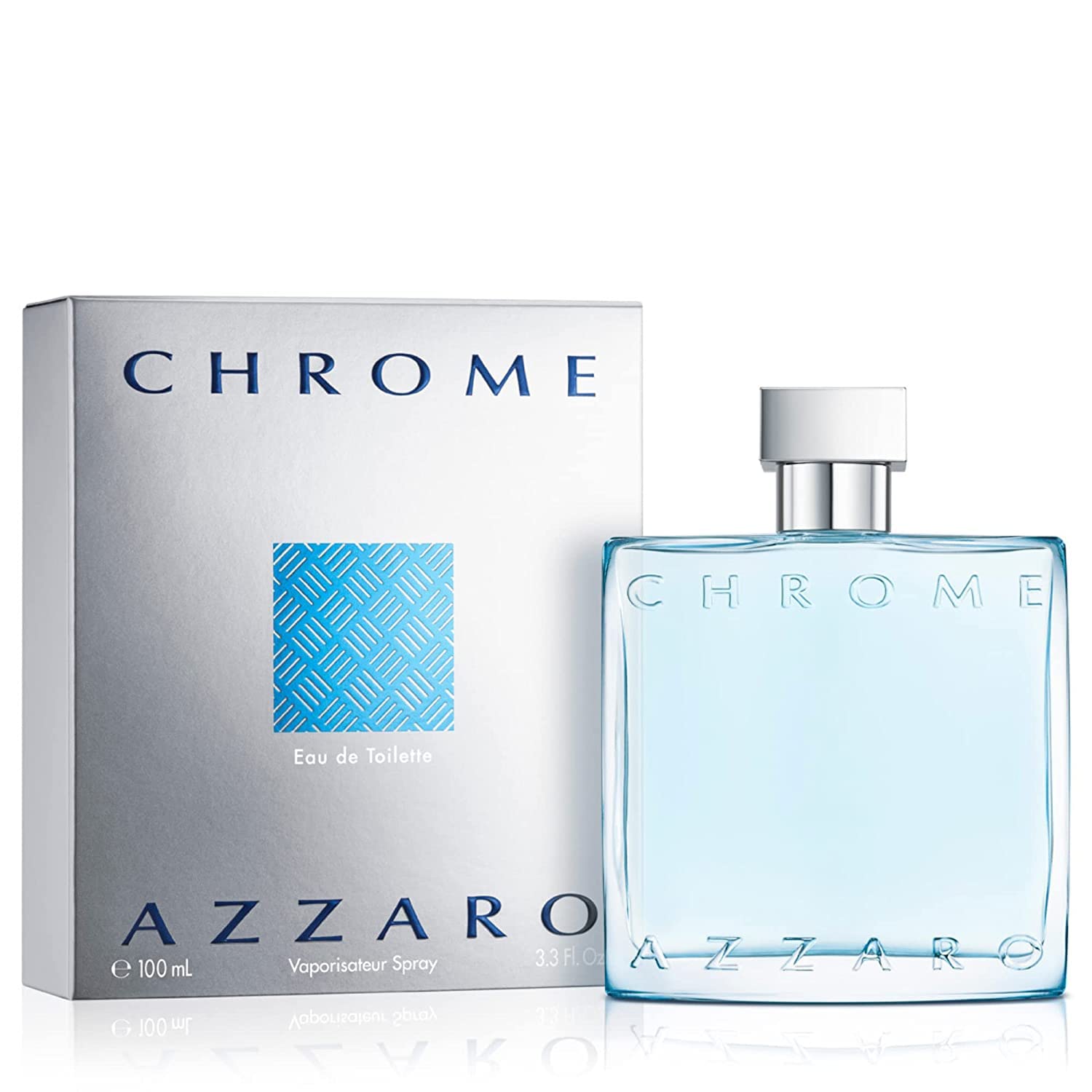 Azzaro Chrome bottle in sunlit blue glass, ideal for daily freshness.