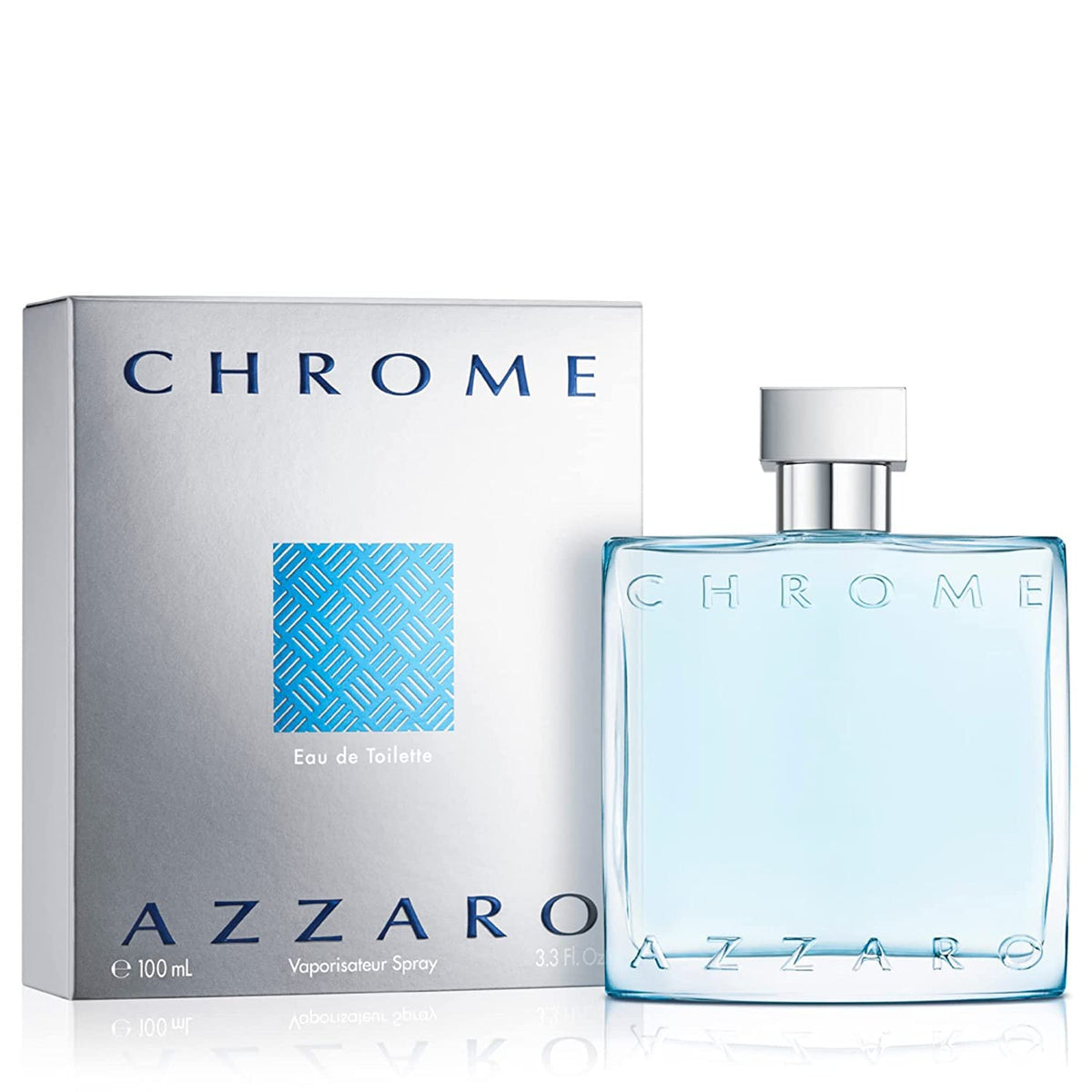 Azzaro Chrome bottle in sunlit blue glass, ideal for daily freshness.