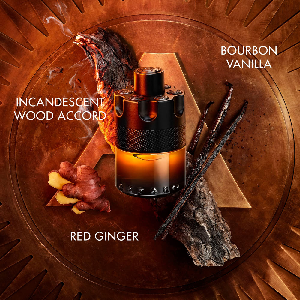 Azzaro The Most Wanted Parfum amber-tinged juice glows through glass for evening allure
