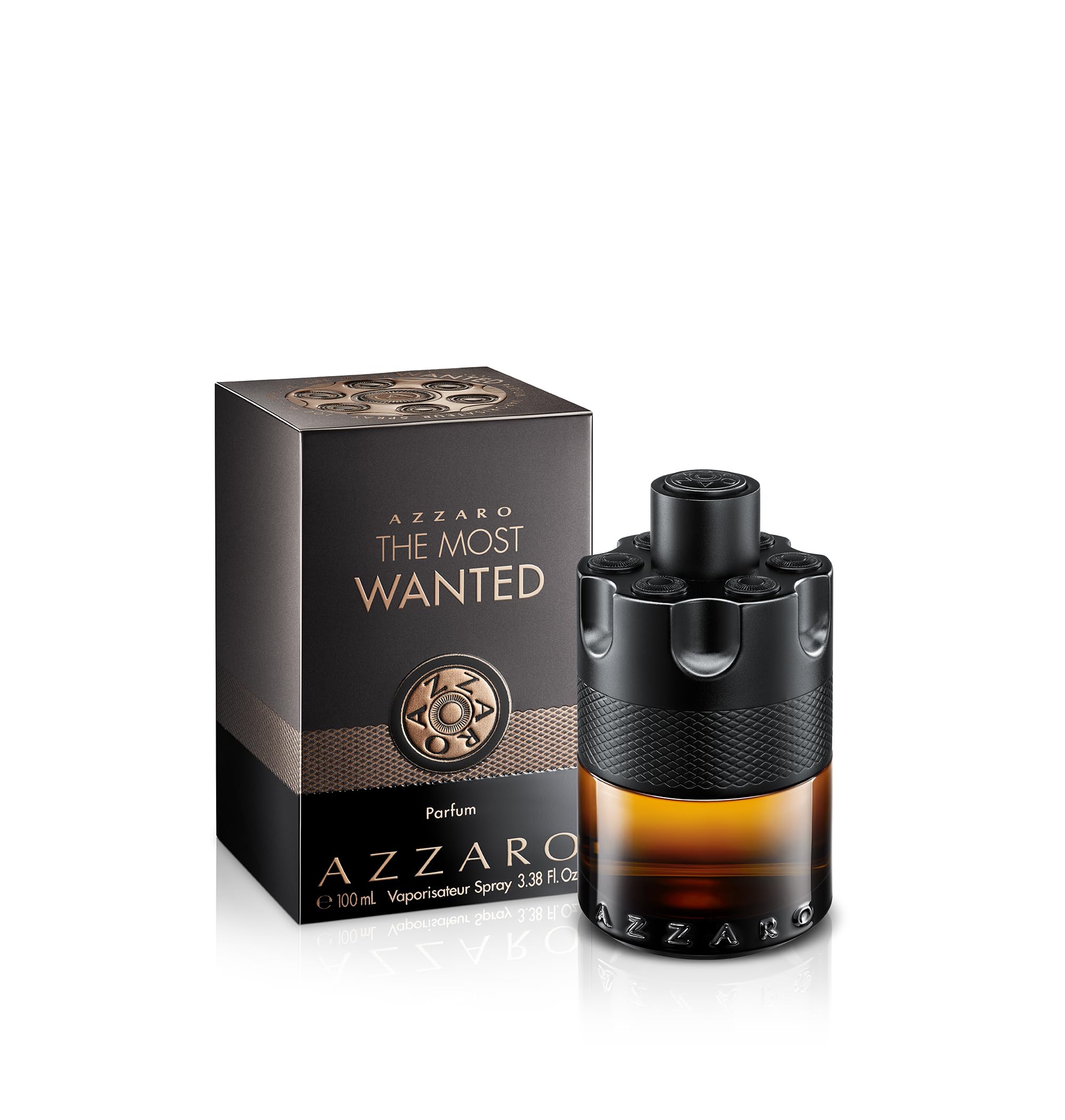 Azzaro The Most Wanted Parfum bottle front view highlights bold design for confident evening wear