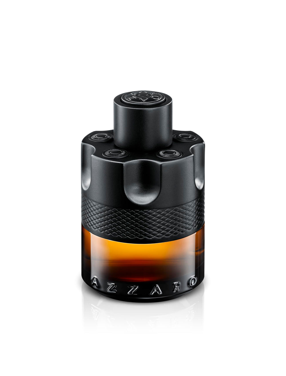Azzaro The Most Wanted Parfum bottle side, sleek black barrel design