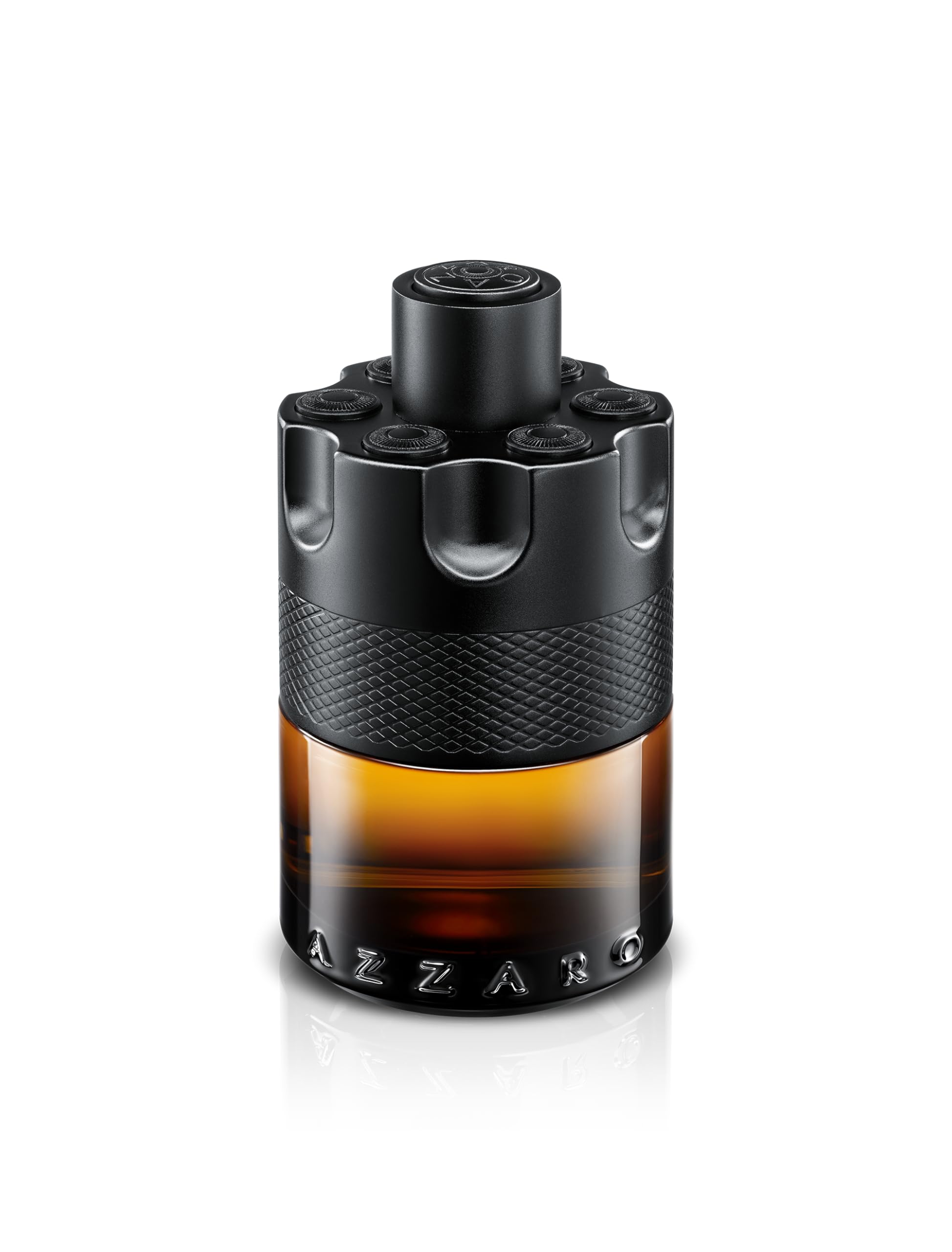 Azzaro The Most Wanted Parfum bottle side profile shows the sleek black barrel shape for premium presence