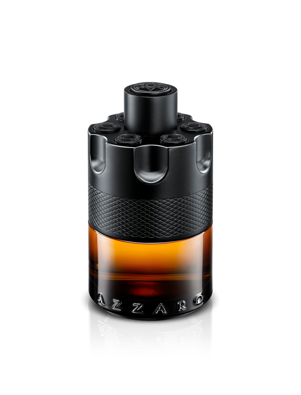 Azzaro The Most Wanted Parfum bottle side profile shows the sleek black barrel shape for premium presence