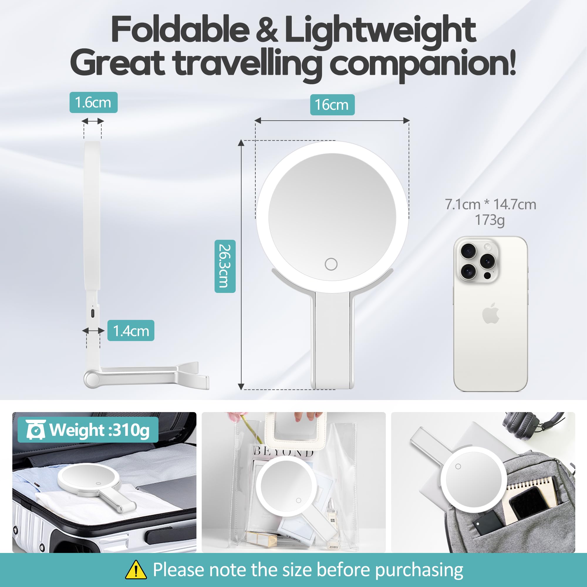 B Beauty Planet foldable handle mirror for handheld, tabletop, or hanging use