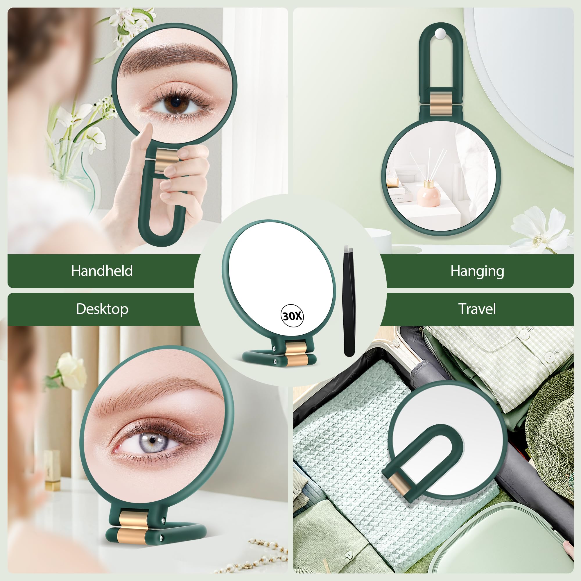 B Beauty Planet handheld mirror with handle supports 360-degree rotation for versatile positioning.