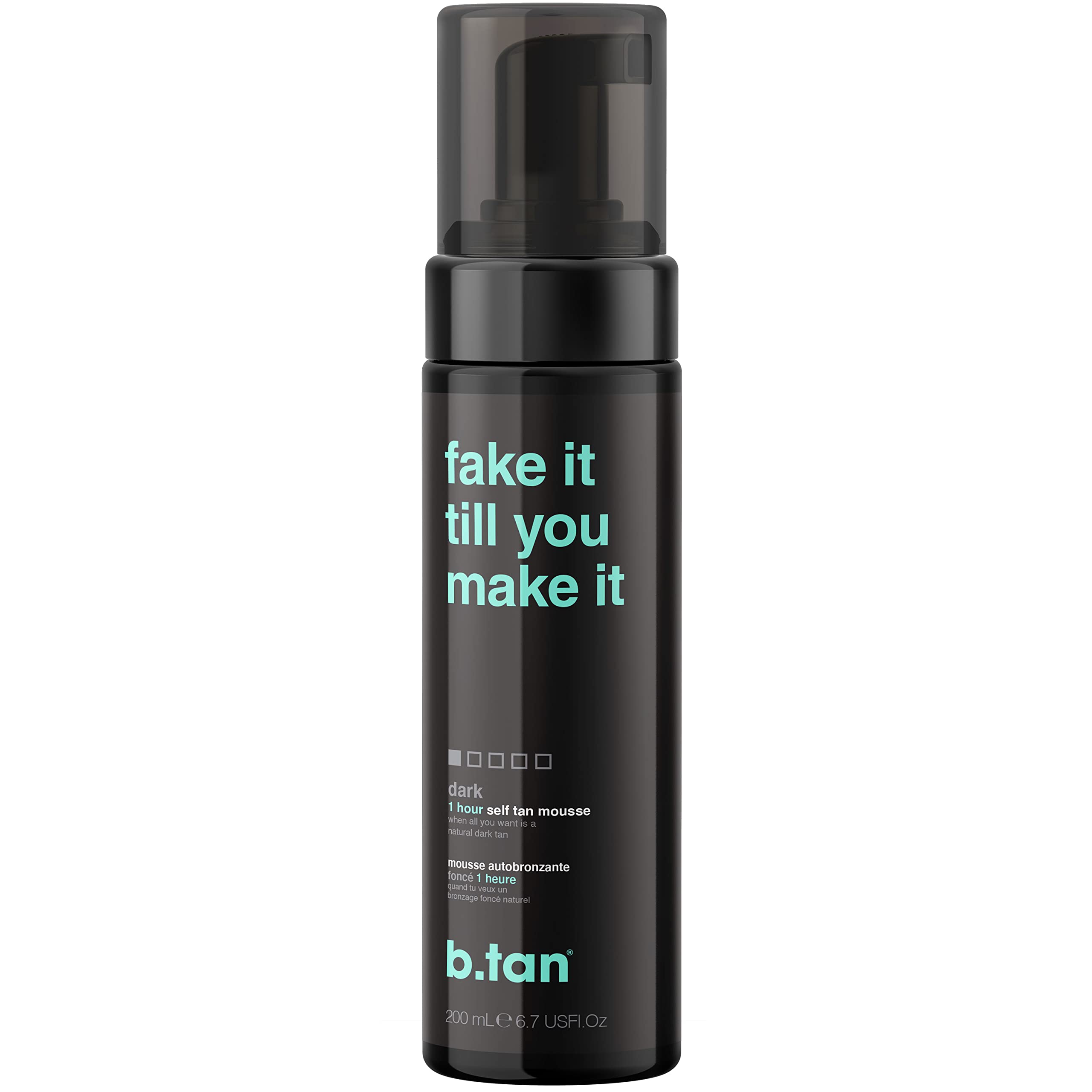 B.TAN Dark Self Tanner Mousse bottle ready for self tan application.
