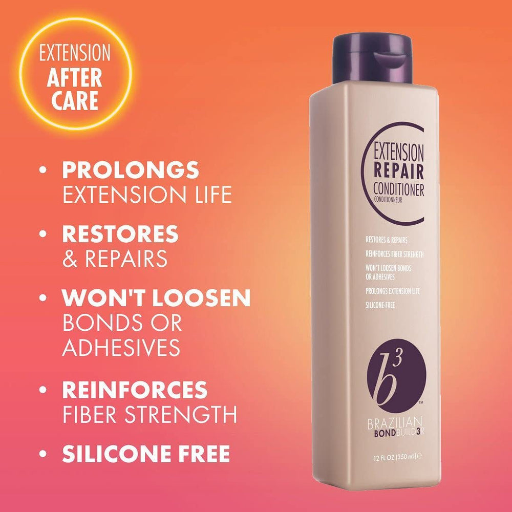 Shampoo bottle close-up featuring B3 Extension bond-building technology