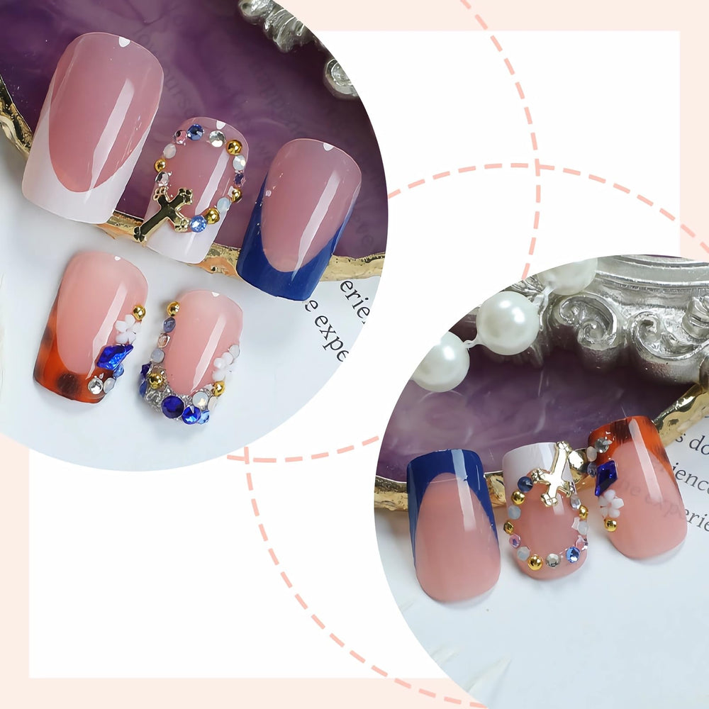 BABALAL uñas postizas con puntas francesas azules y blancas, acabado elegante