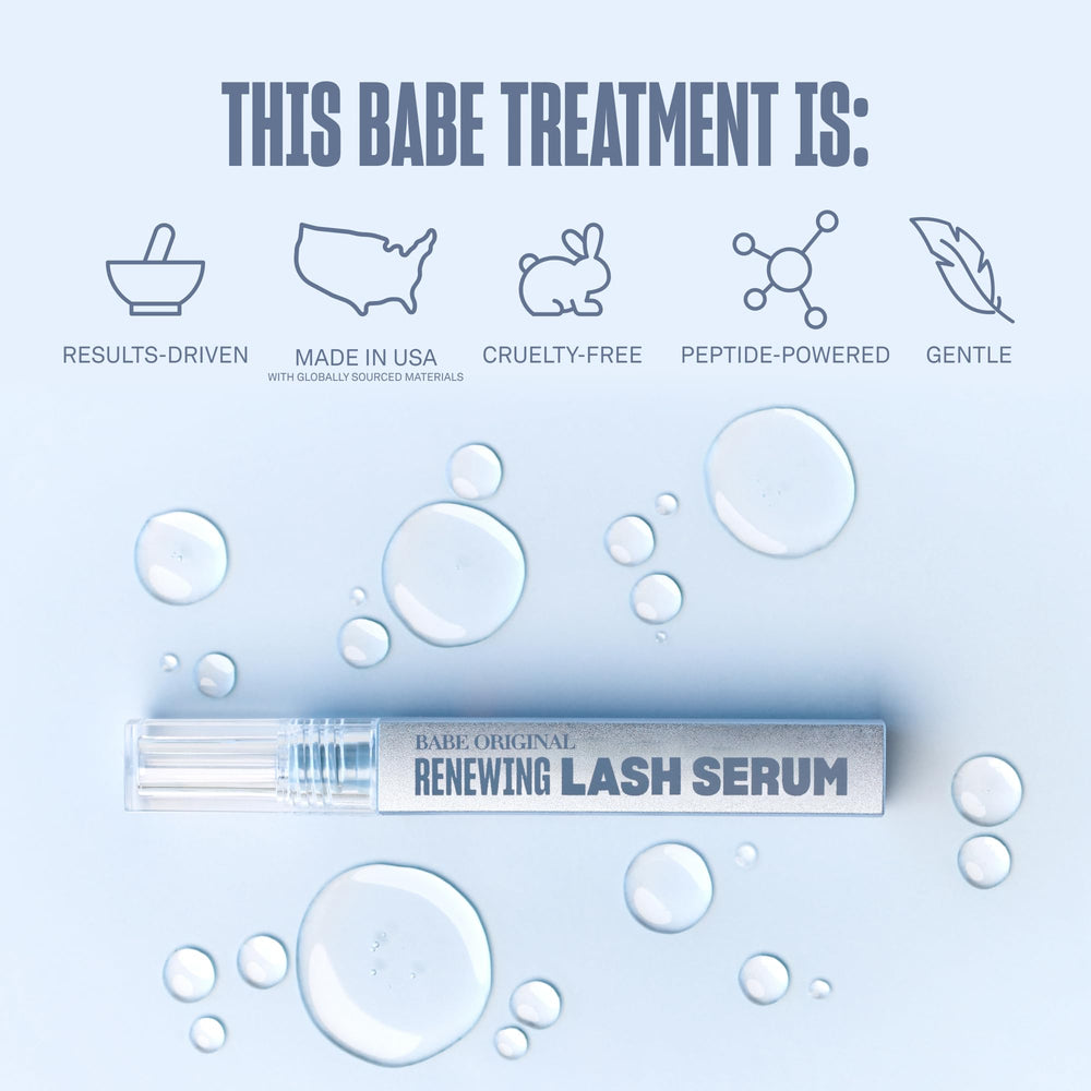 BABE ORIGINAL Lash-extension friendly label indicating safe use with extensions and strips.