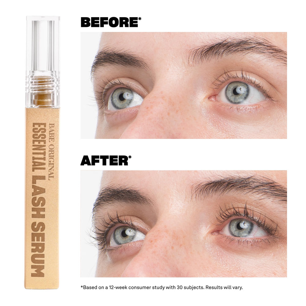 Close-up of Babe Original Lash Serum wand applying to the lash line.