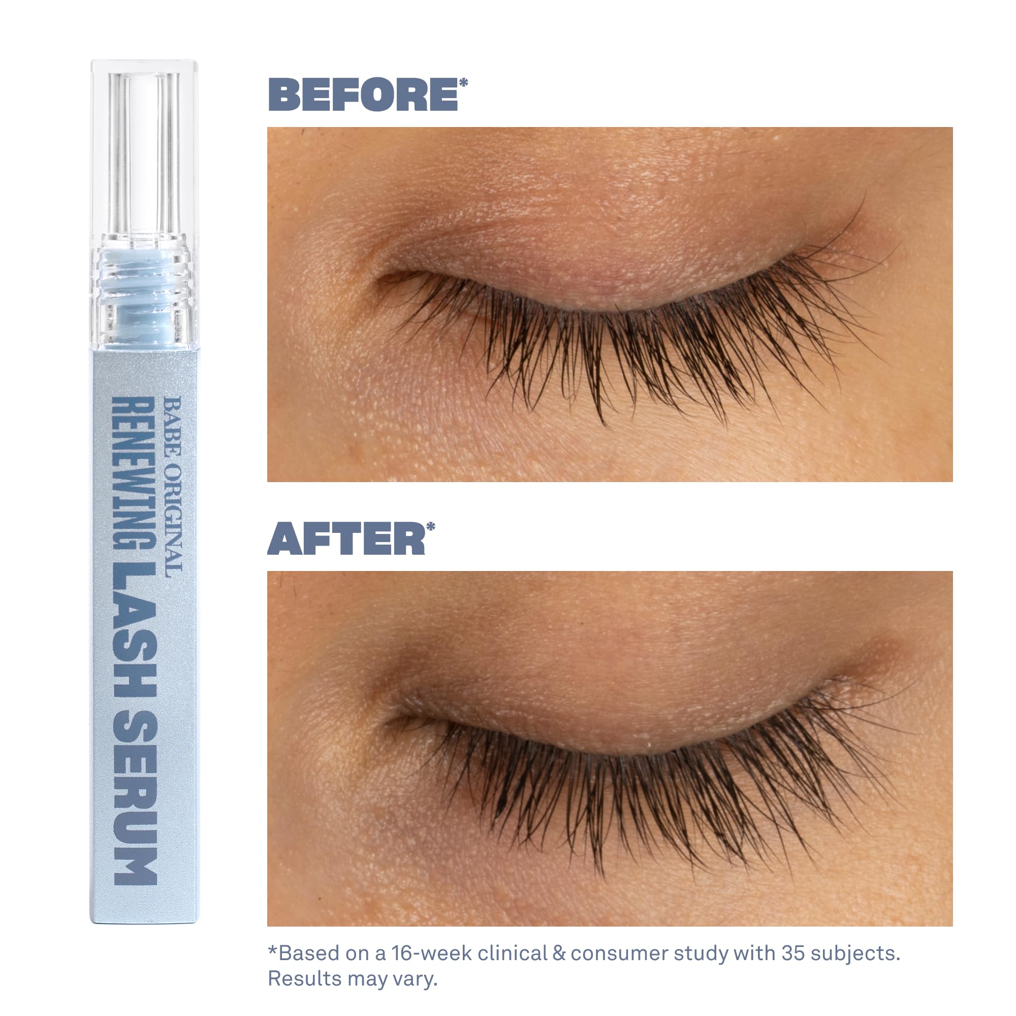 BABE ORIGINAL Renewing Lash Serum brush showing precise, easy application for fuller lashes.