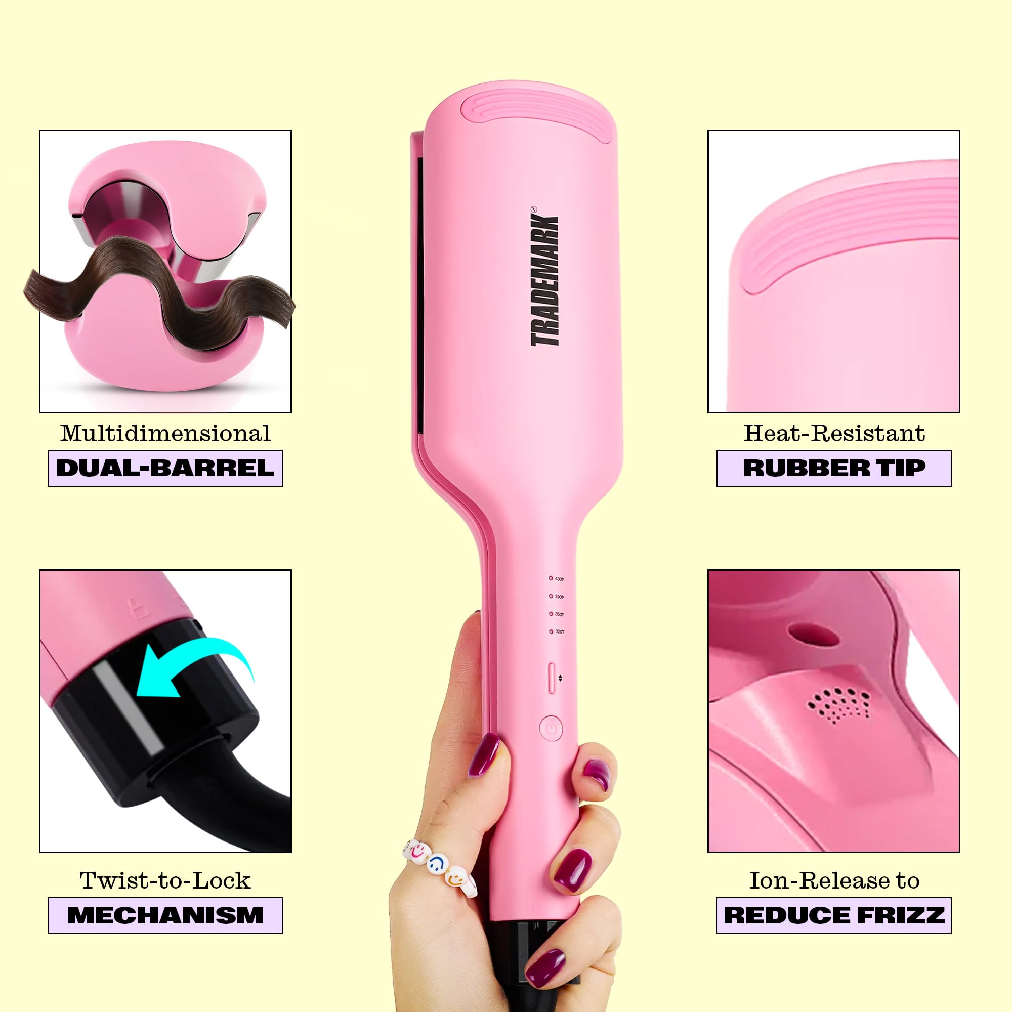 Babe Waves X with ceramic tourmaline plates for smoother, shinier hair and reduced frizz.