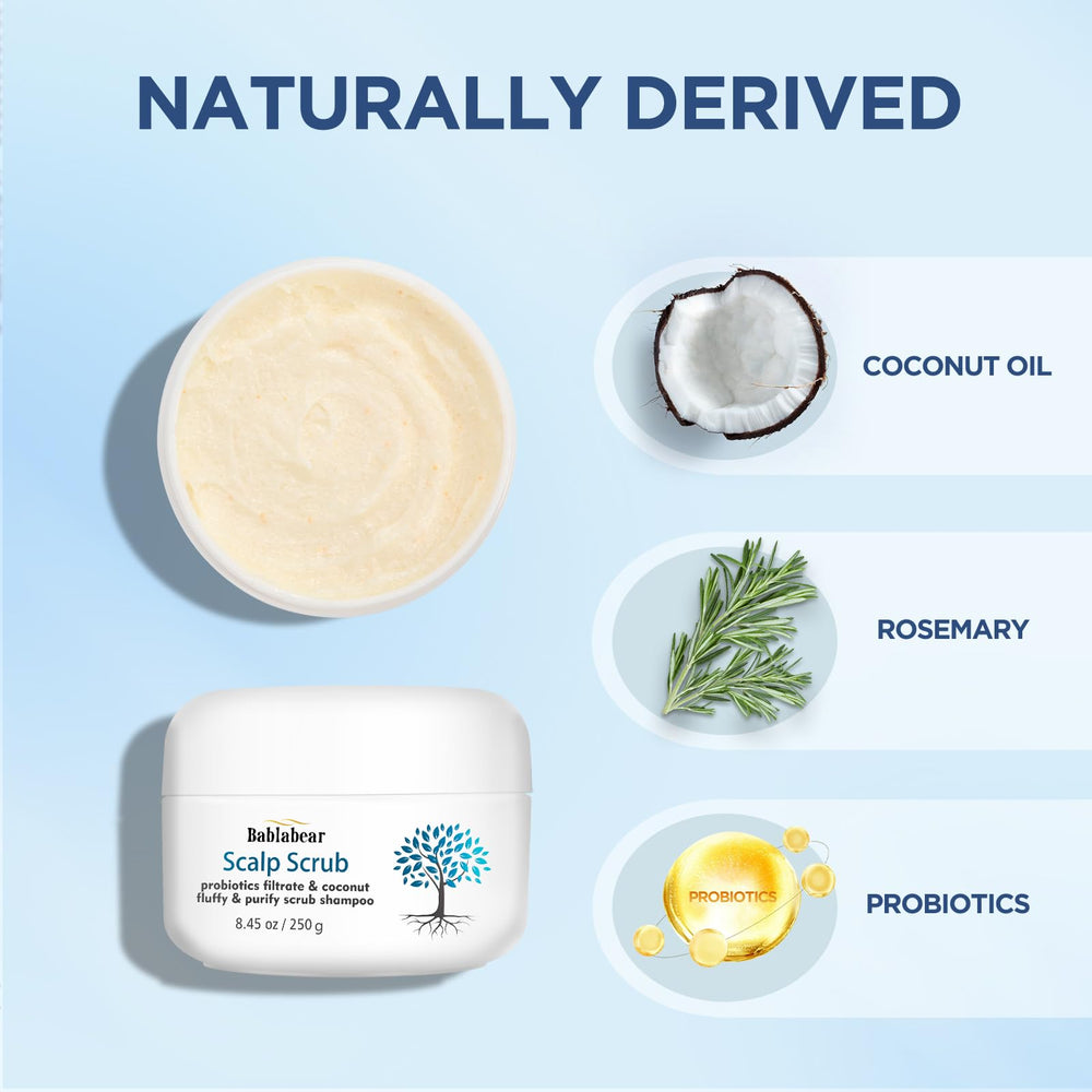 Aplicación de Bablabear exfoliante para eliminar acumulación y purificar el cuero cabelludo.