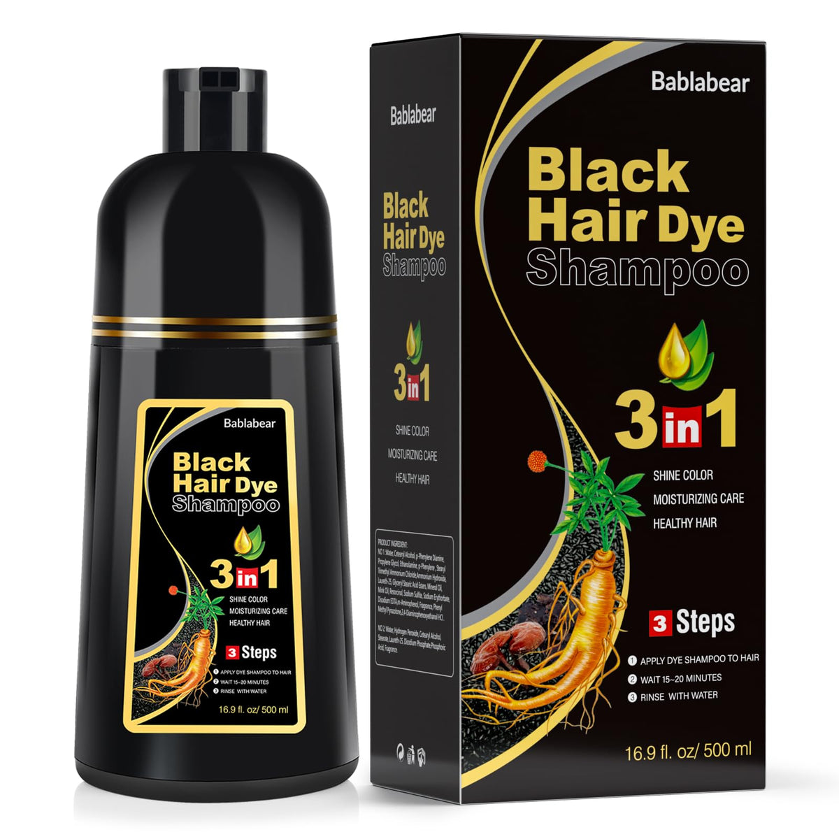 Bablabear black hair dye shampoo bottle front with 3-in-1 gray coverage