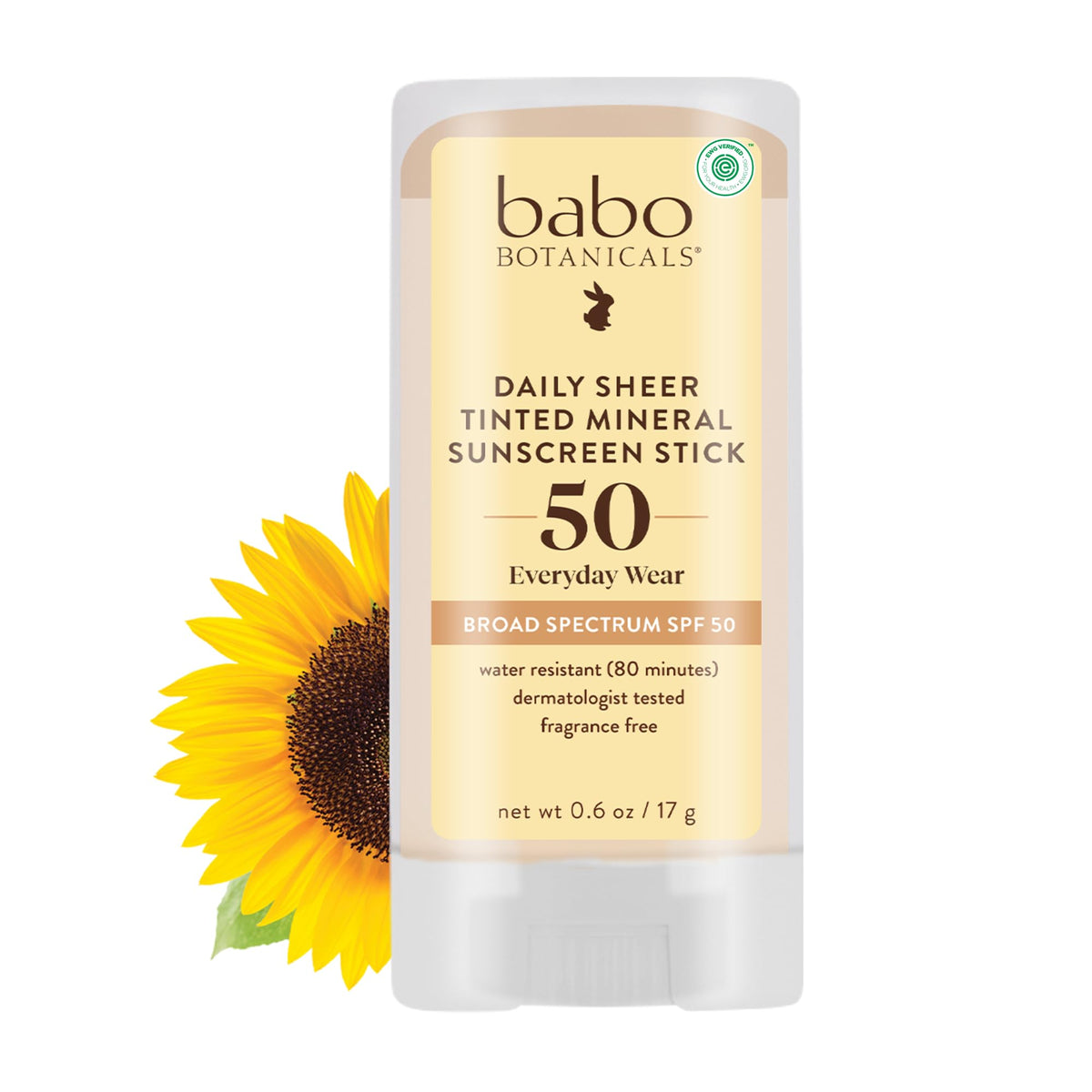 Babo Botanicals barra mineral con tinte para rostro, acabado suave y protección SPF50.