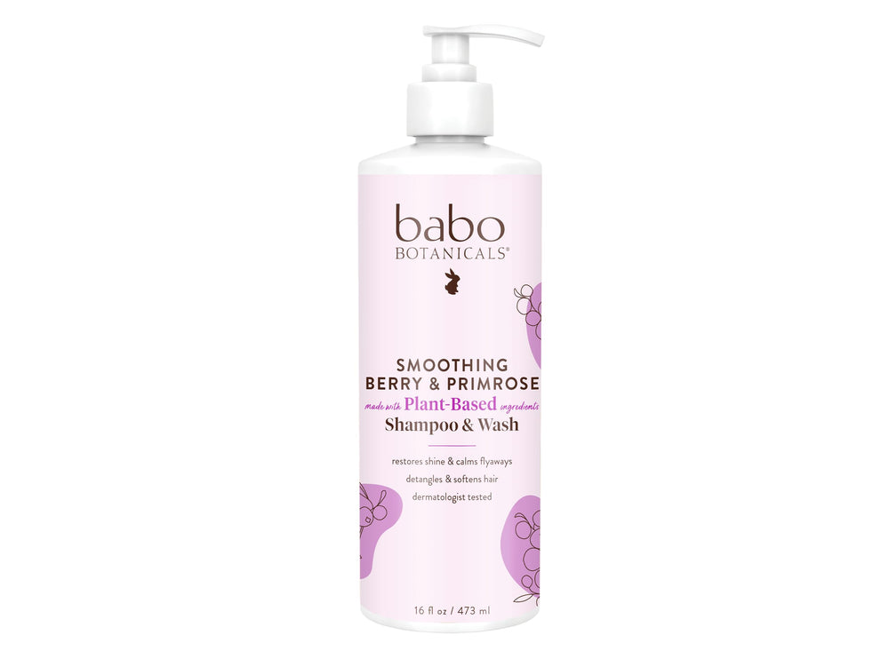 Babo Botanicals champú 2 en 1 frambuesa en botella, suaviza y cuida toda la familia.
