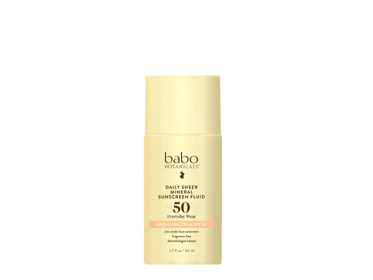 Babo Botanicals Daily Sheer Mineral Sunscreen Fluid bottle with Passion Fruit Oil for everyday protection.