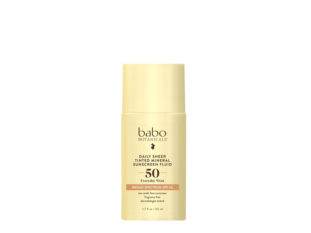 Babo Botanicals Daily Sheer Tinted Sunscreen bottle provides portable mineral protection.