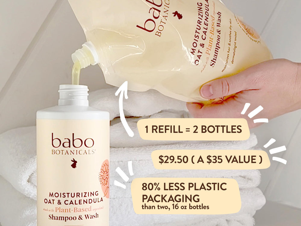 Babo Botanicals sulfate-free formulation shown on label for gentle cleansing.