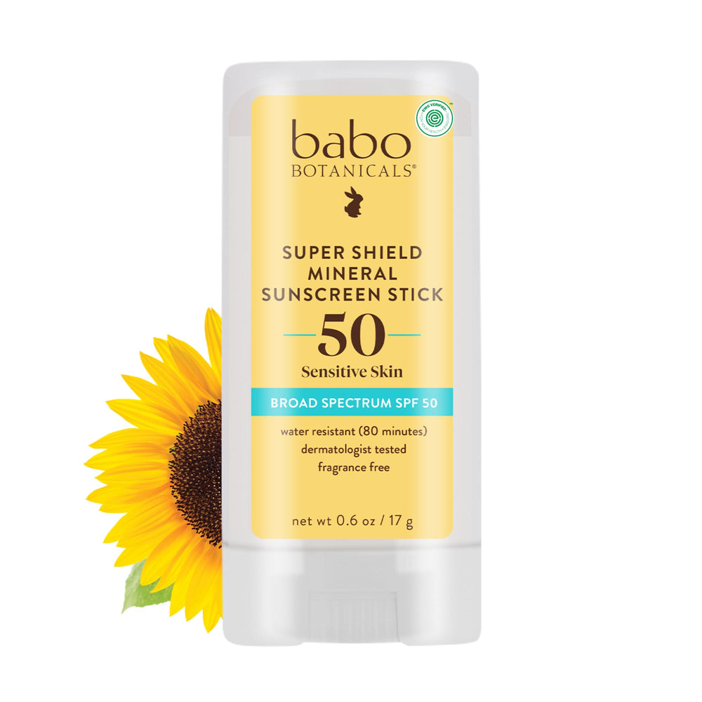 Babo Botanicals Super Shield barra frente, protección rápida para el rostro en cualquier lugar.
