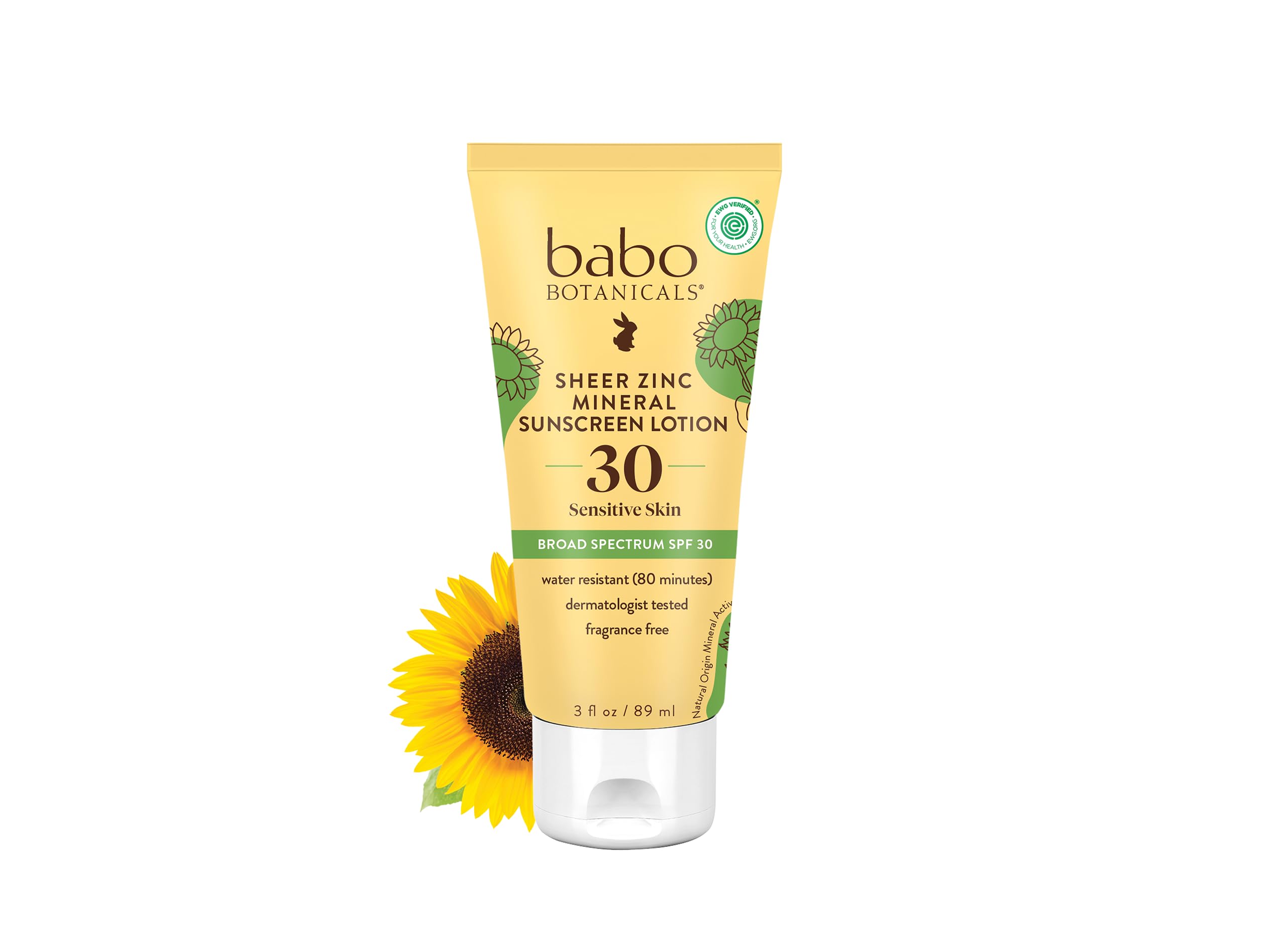 Protección suave con Babo Botanicals Zinc Sunscreen Lotion SPF 30 en botella.