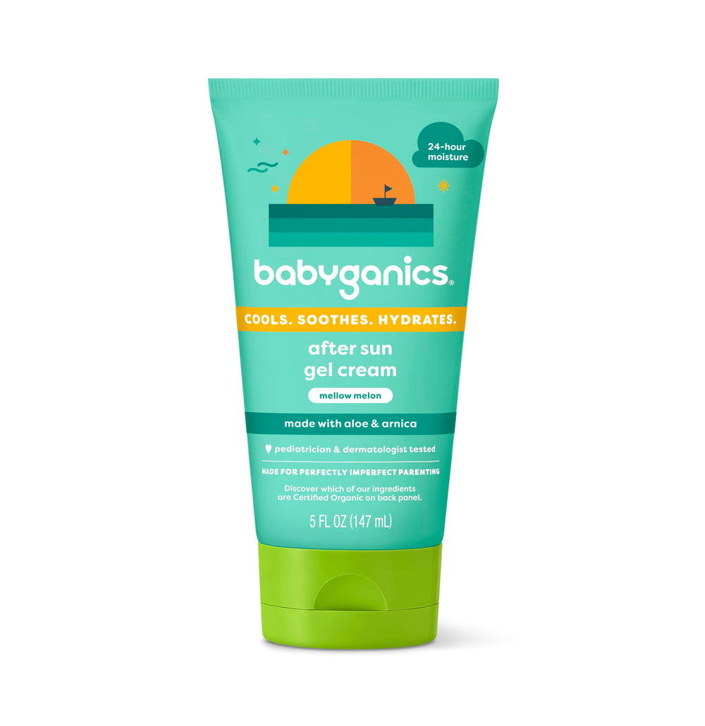 Babyganics gel crema pos-sol Melón Suave, aplicación suave para hidratar tras sol.