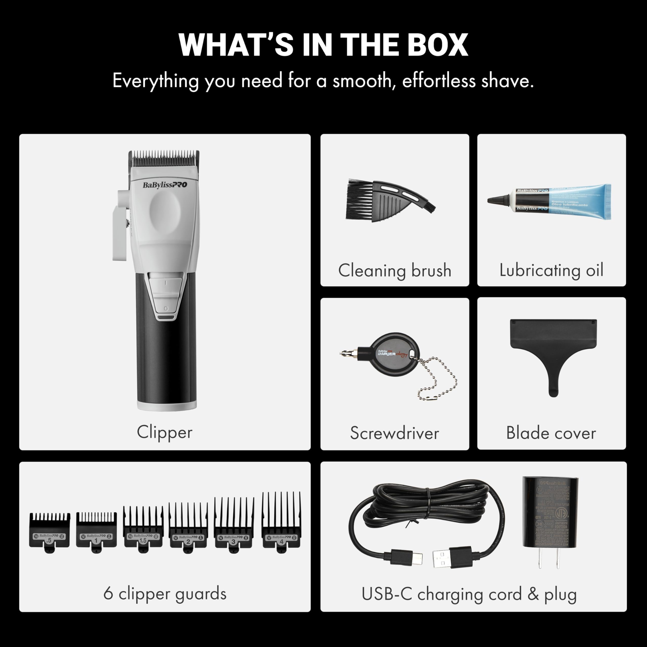 BaBylissPRO COREFX clipper guards arranged for blending from 0.5 to 4 inches.