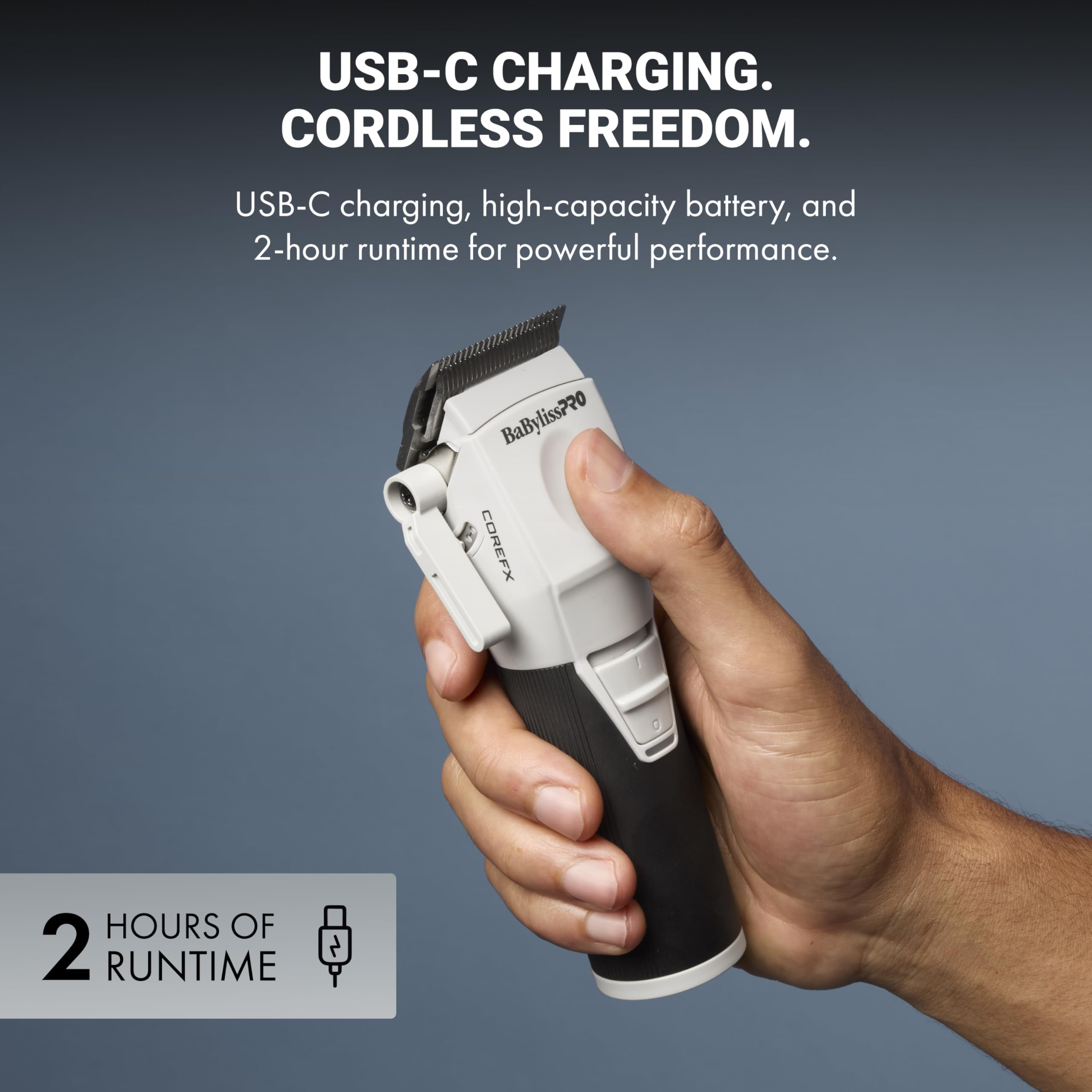 BaBylissPRO COREFX clipper travel-ready styling in action.