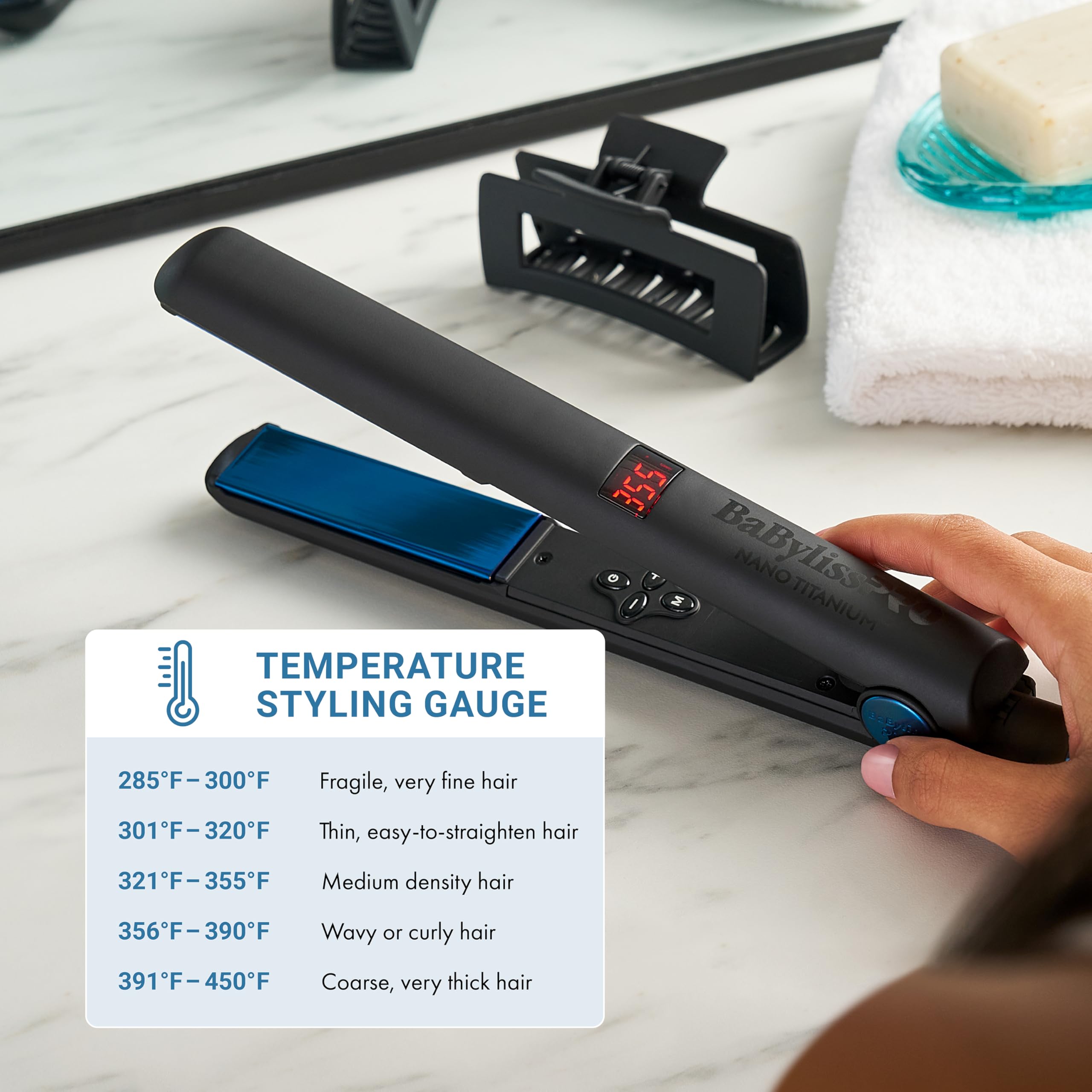BaBylissPRO Nano Titanium Digital Straightener in use creating sleek, straight styles with one pass