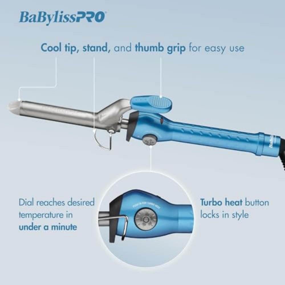 BaBylissPRO Nano Titanium size options show versatile curls from 3/4 to 1-1/2 inches.