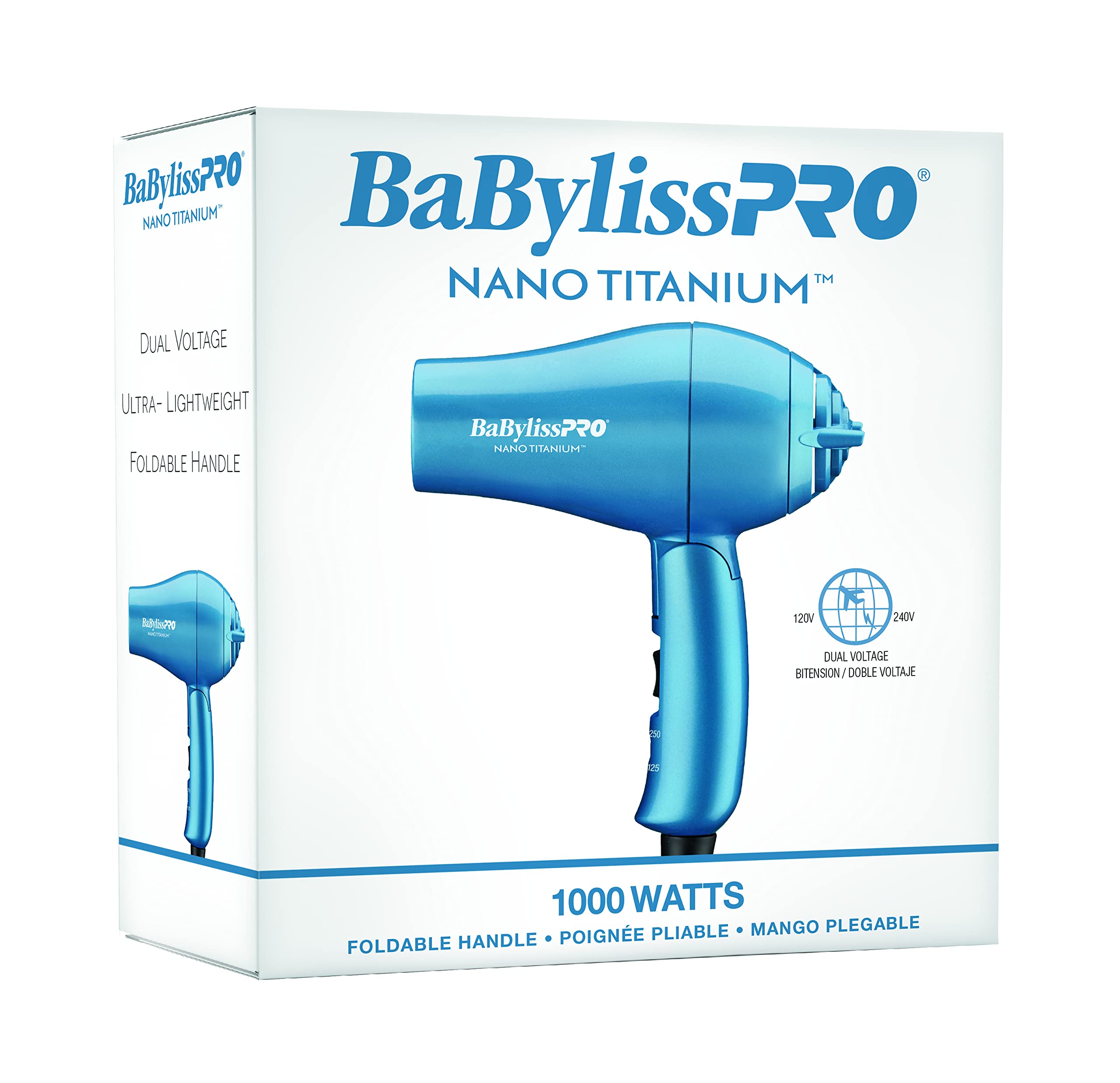 BaBylissPRO Nano Titanium Travel Dryer blue lightweight design for on-the-go styling