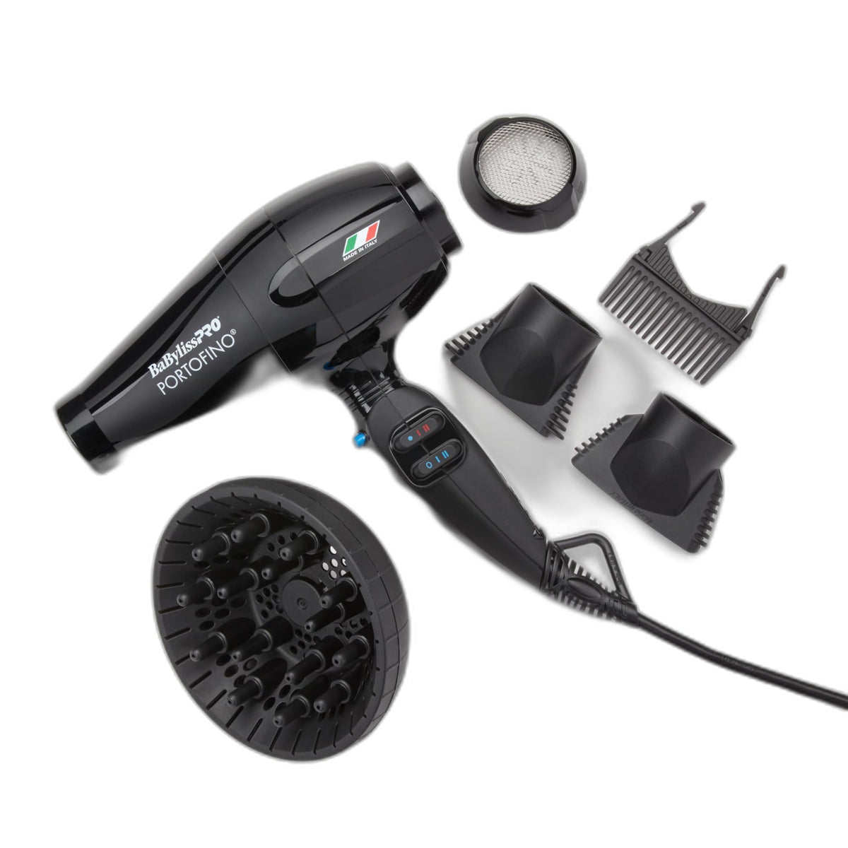 BaBylissPRO Portofino dryer front view, ergonomic design for professional styling