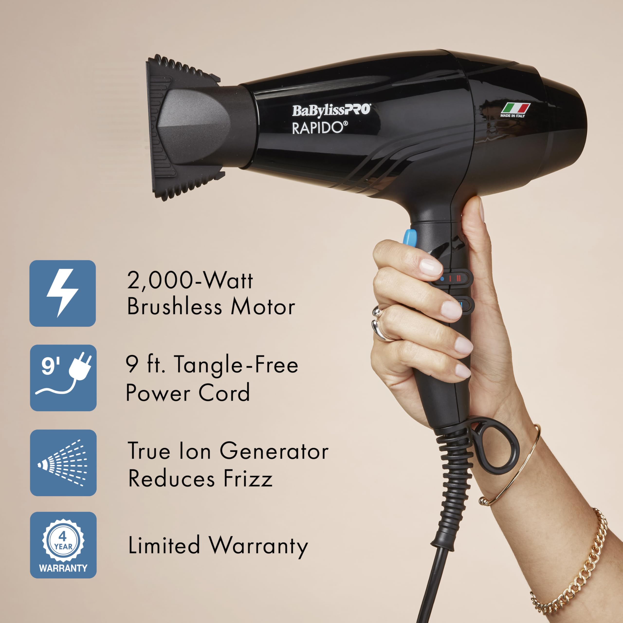 BaBylissPRO Rapido packaging shows included nozzles and pouch