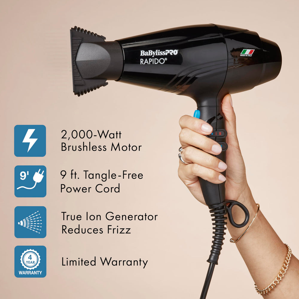 BaBylissPRO Rapido packaging shows included nozzles and pouch