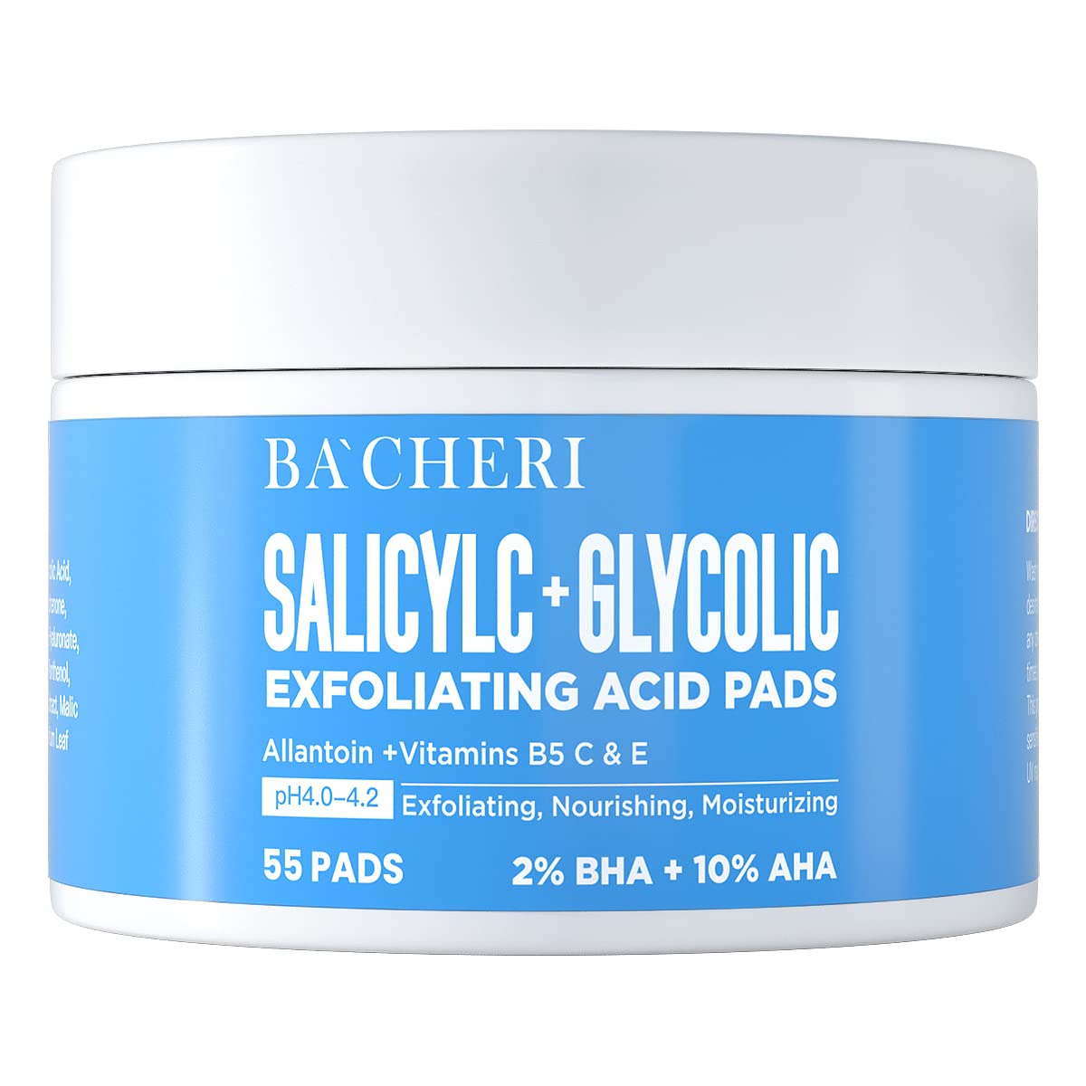 BACHERI almohadillas exfoliantes con ácido glicólico al 10% para piel suave y renovada.