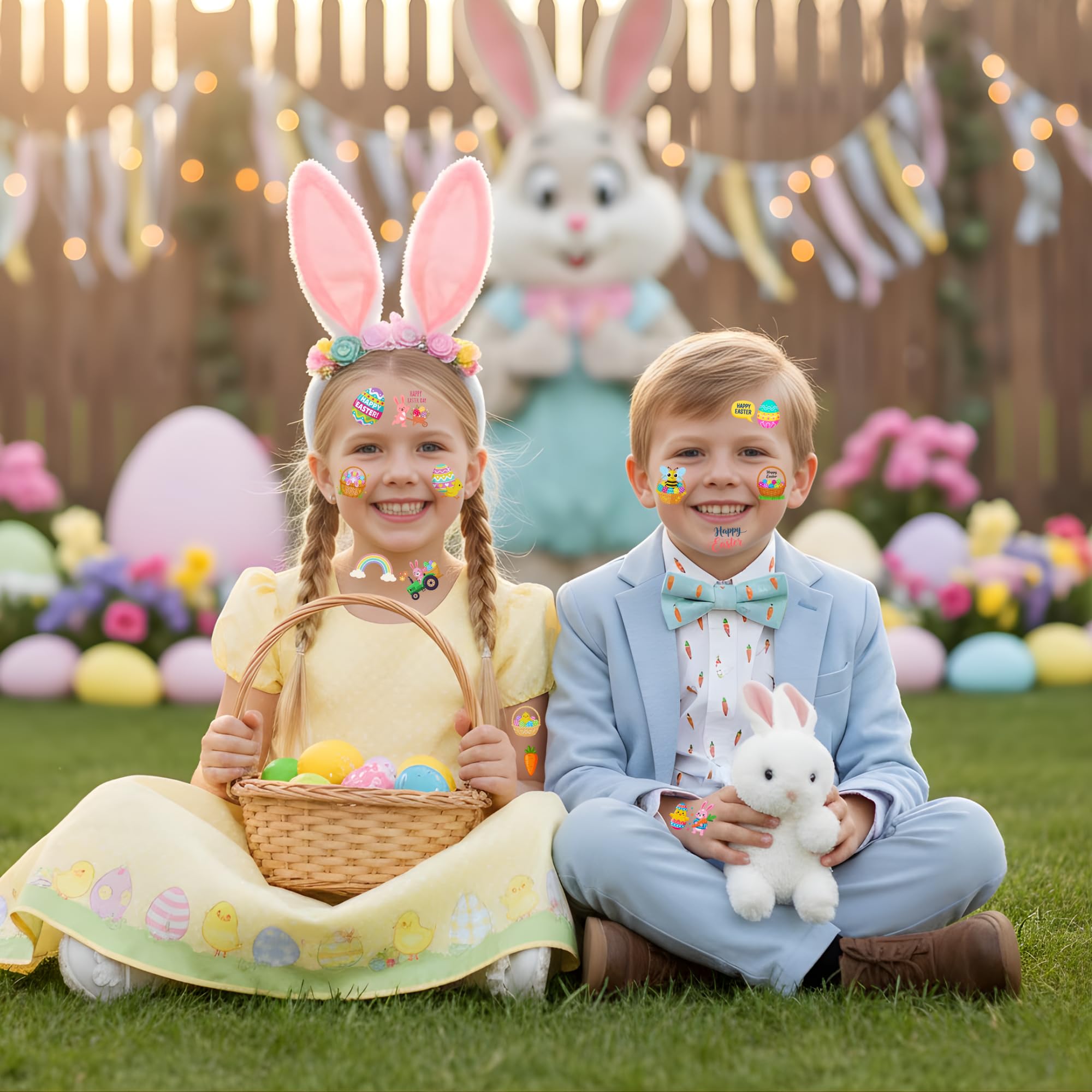 Backtopeia Easter tattoos party decorations and basket fillers.