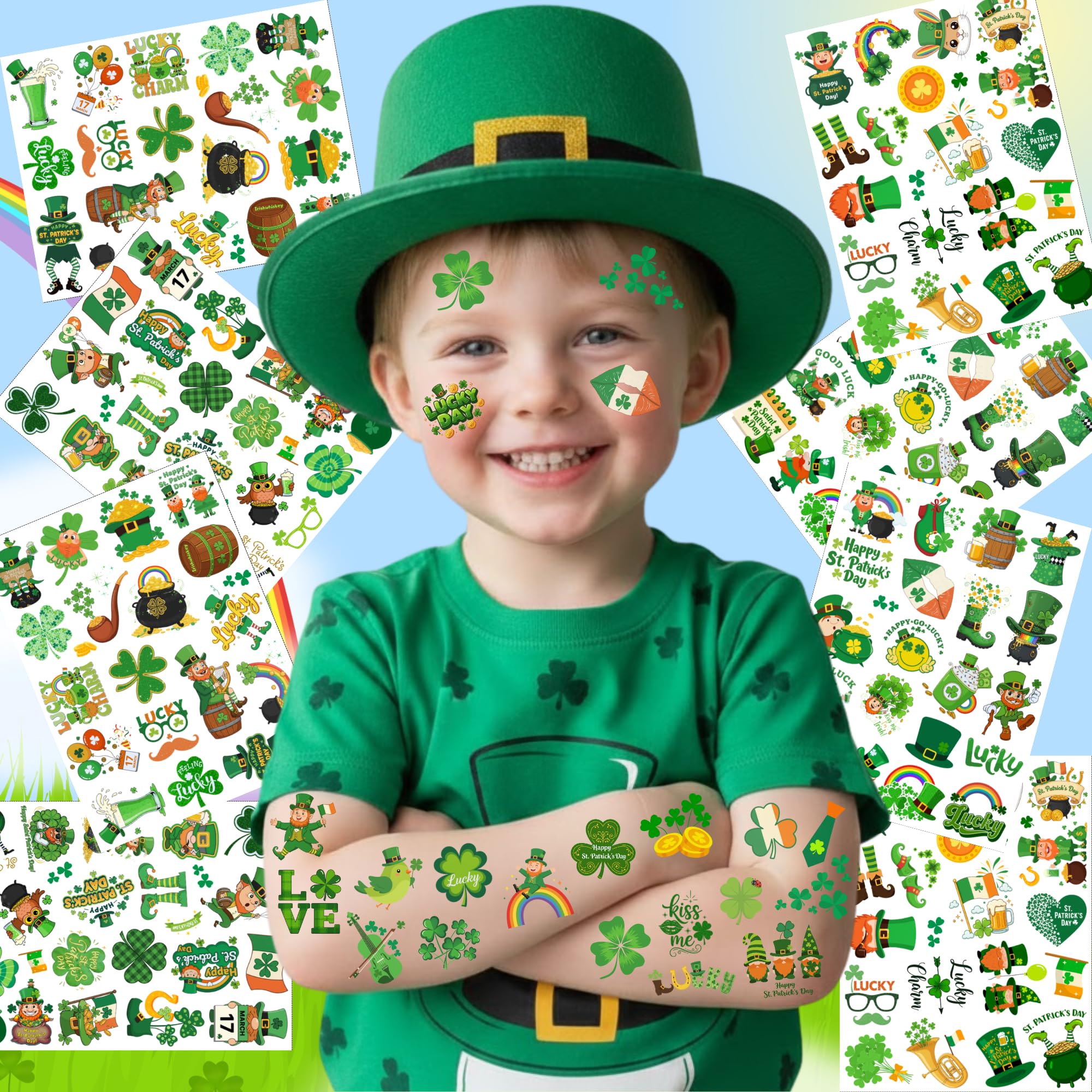 Backtopeia tatuajes temporales de San Patricio, diseños de tréboles festivos para fiestas escolares.