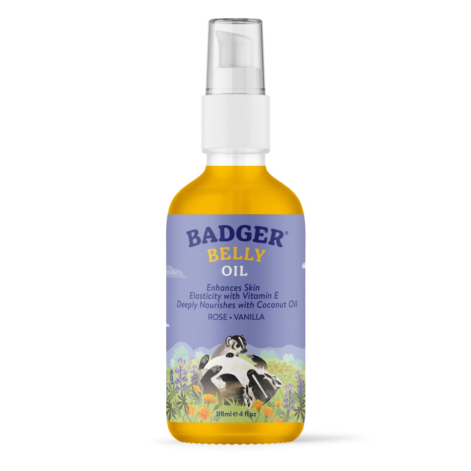 Badger Aceite barriga para embarazo: botella visible, hidrata la piel durante el embarazo.