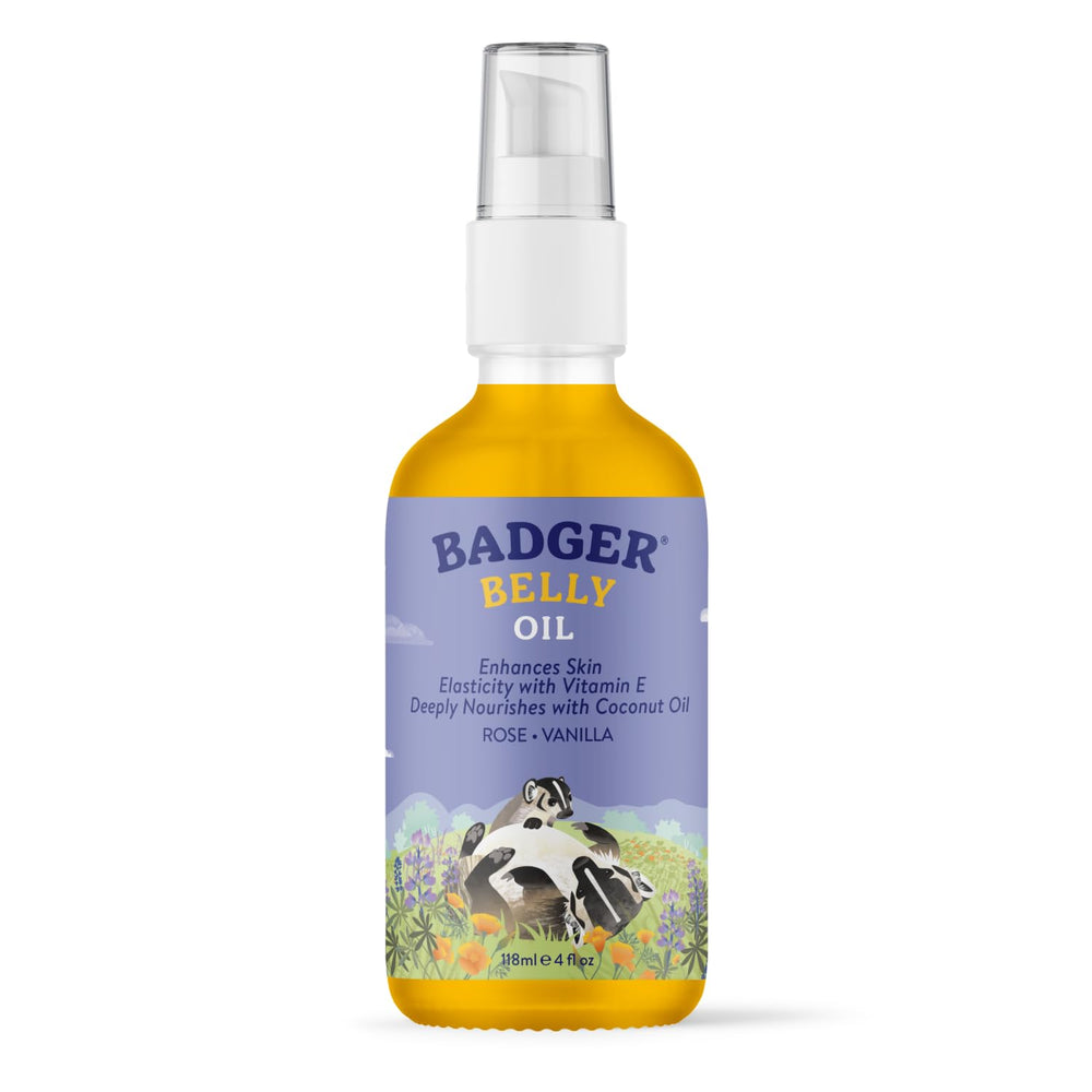 Badger Aceite barriga para embarazo: botella visible, hidrata la piel durante el embarazo.