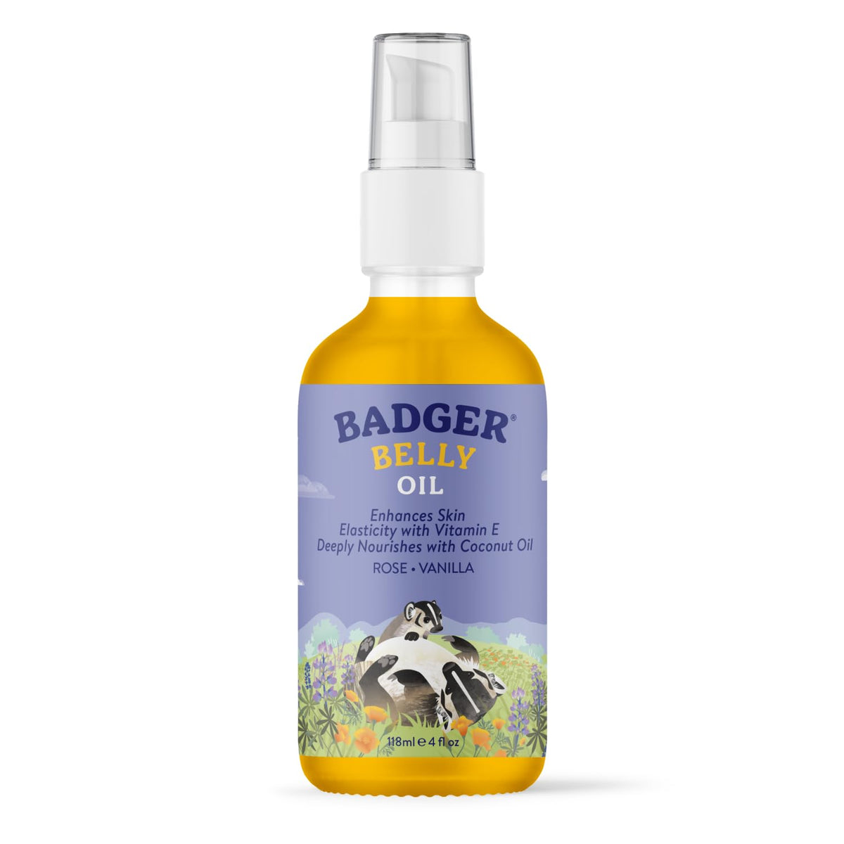 Badger Aceite barriga para embarazo: botella visible, hidrata la piel durante el embarazo.