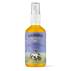 Badger Aceite barriga para embarazo: botella visible, hidrata la piel durante el embarazo.