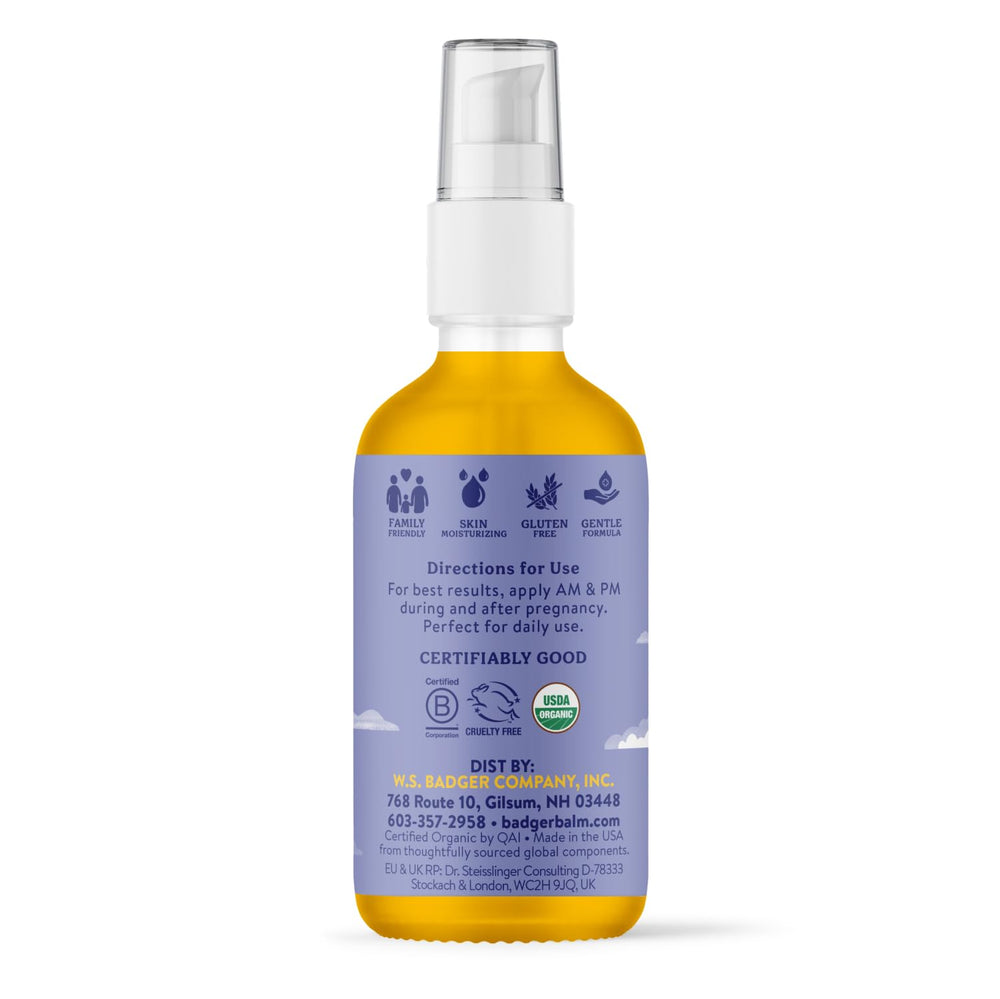 Badger Aceite corporal orgánico: botella con jojoba y coco para hidratación suave.