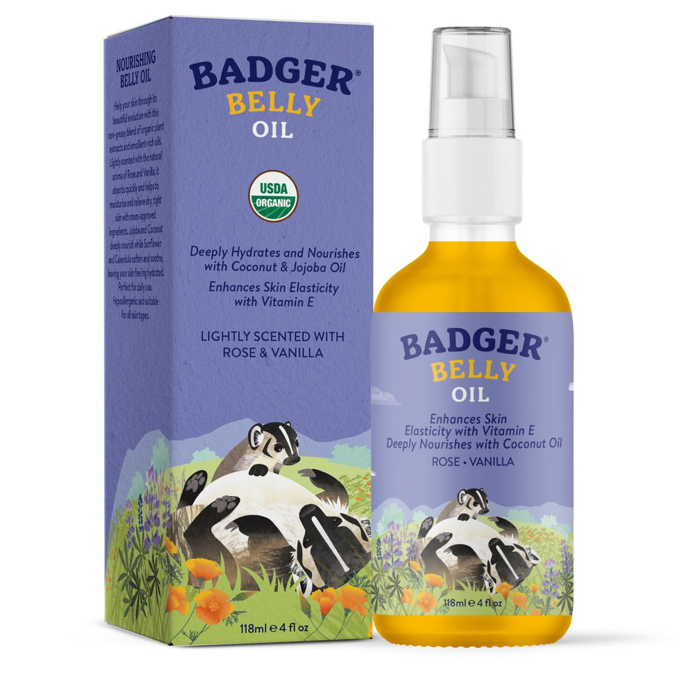 Badger Aceite con ingredientes orgánicos: vista de girasol y caléndula suavizando la piel.