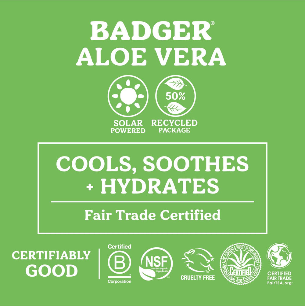 Etiqueta orgánica de Badger Aloe Vera Gel certificada para uso diario seguro.