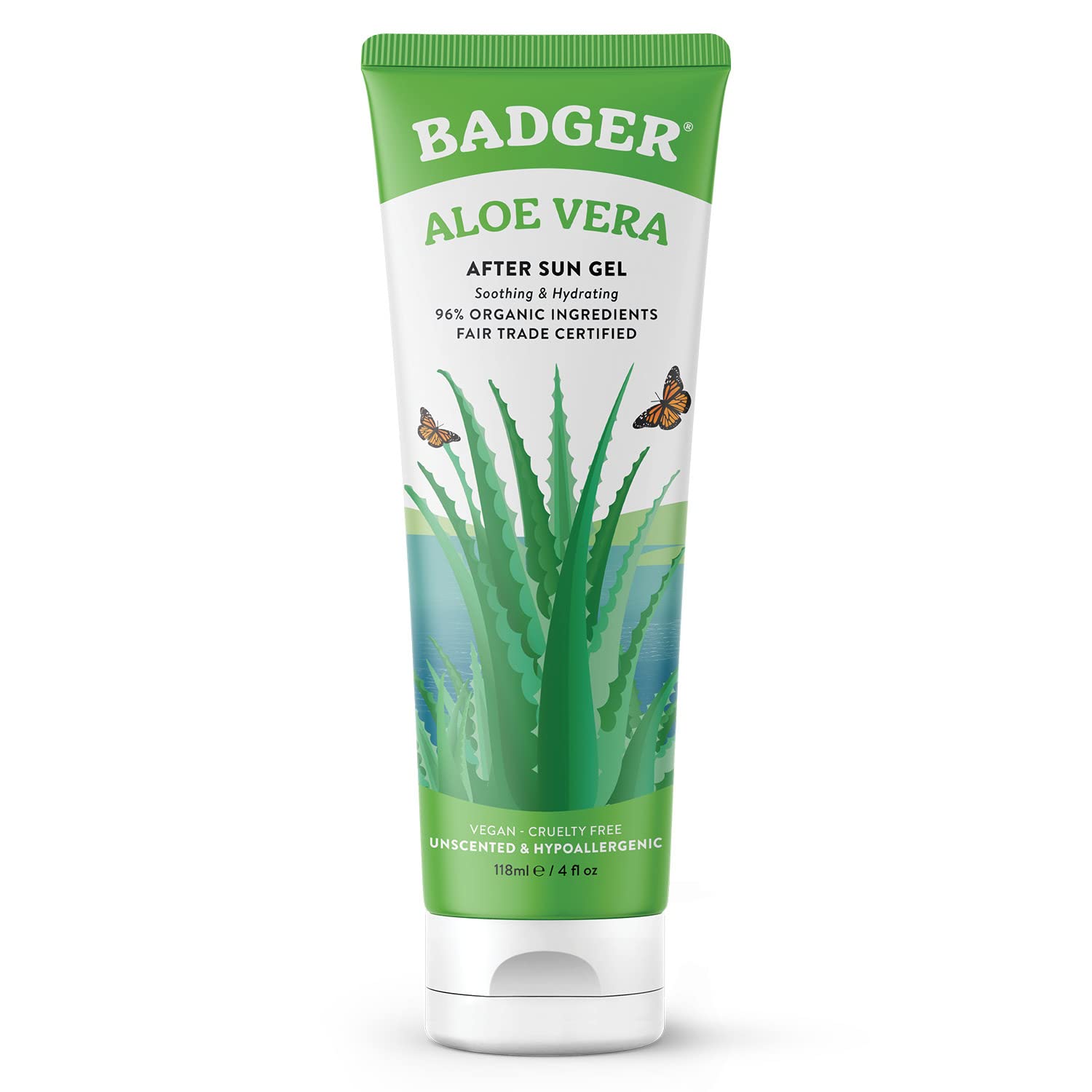 Gel de aloe vera de Badger frente de botella, alivio suave para piel sensible