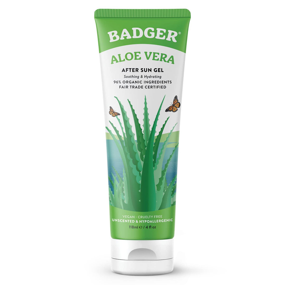 Gel de aloe vera de Badger frente de botella, alivio suave para piel sensible